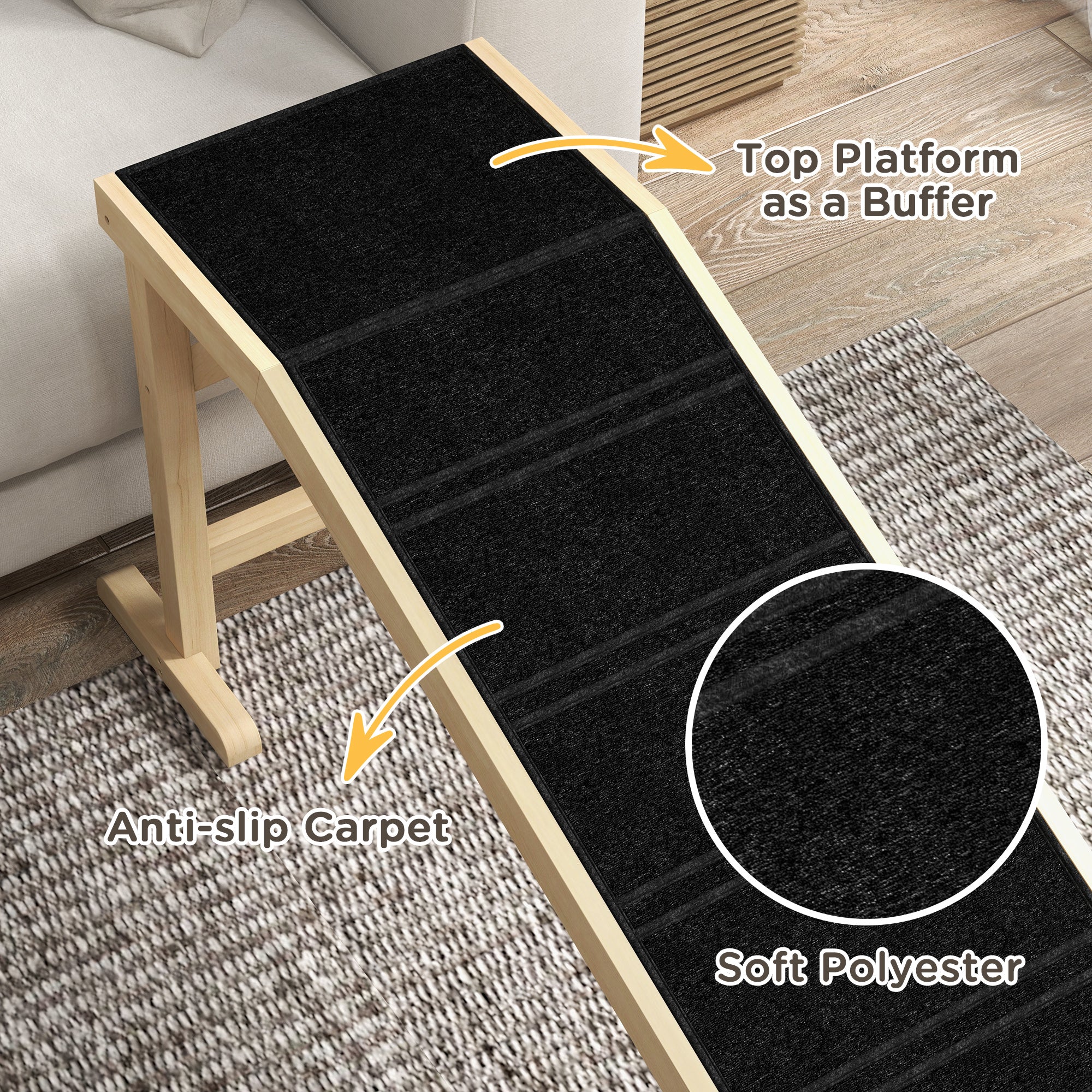 Pet Ramp Bed Steps for Dogs Cats Non-slip Carpet Top Platform Pine Wood 74"L x 16"W x 25"H Natural