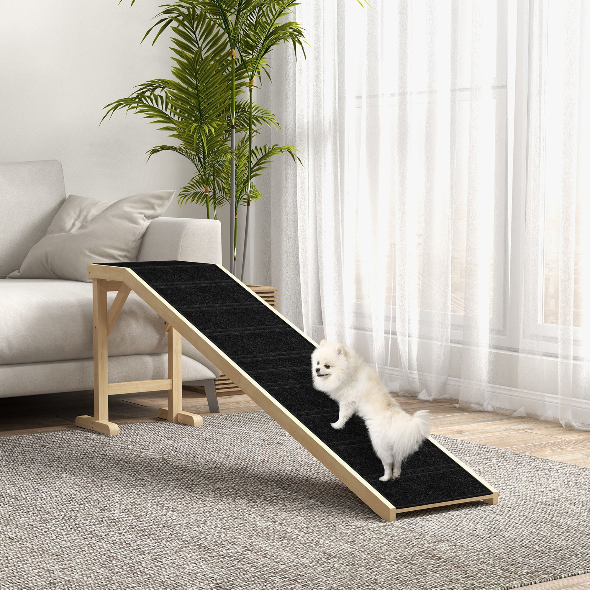 Pet Ramp Bed Steps for Dogs Cats Non-slip Carpet Top Platform Pine Wood 74"L x 16"W x 25"H Natural