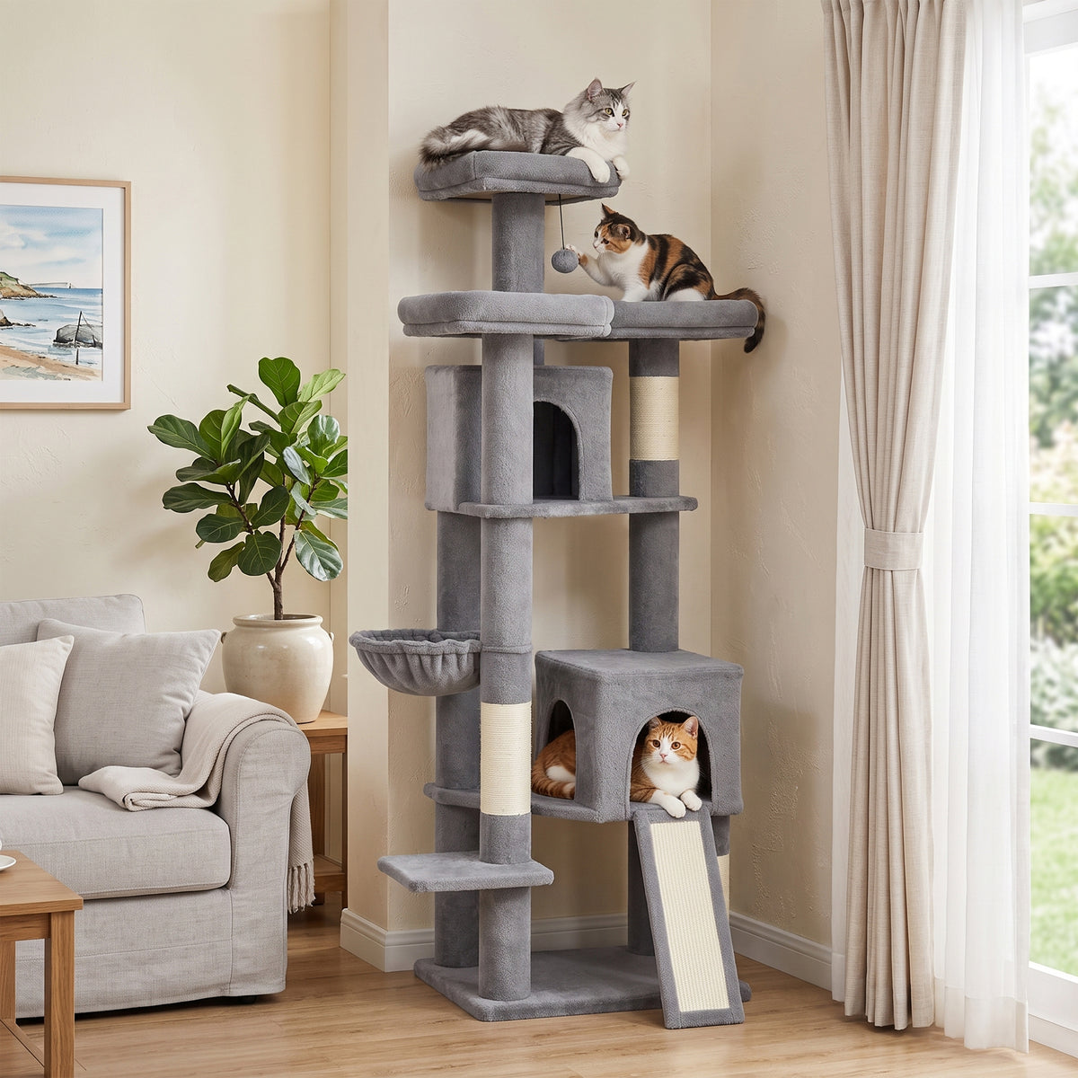 184cm Large Cat Tree for Indoor Cats, Multi-Level Tall Kitty Tower with 3 Scratching Posts, 2 Condos, 3 Padded Beds, Hammock, Ladder, for Small to Large Kittens, Dark Grey