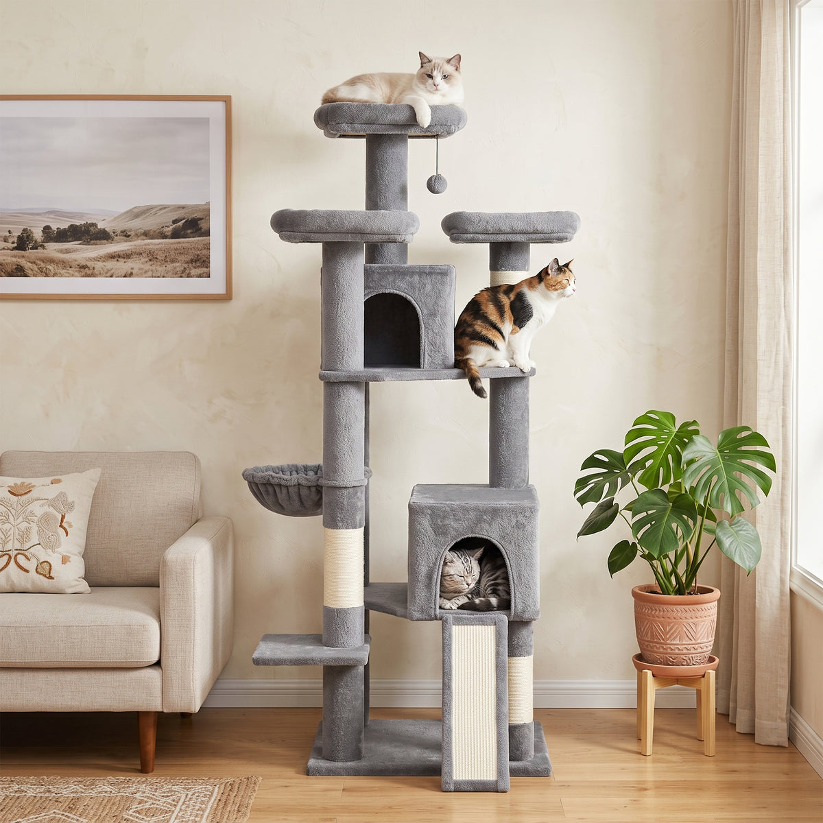 184cm Large Cat Tree for Indoor Cats, Multi-Level Tall Kitty Tower with 3 Scratching Posts, 2 Condos, 3 Padded Beds, Hammock, Ladder, for Small to Large Kittens, Dark Grey