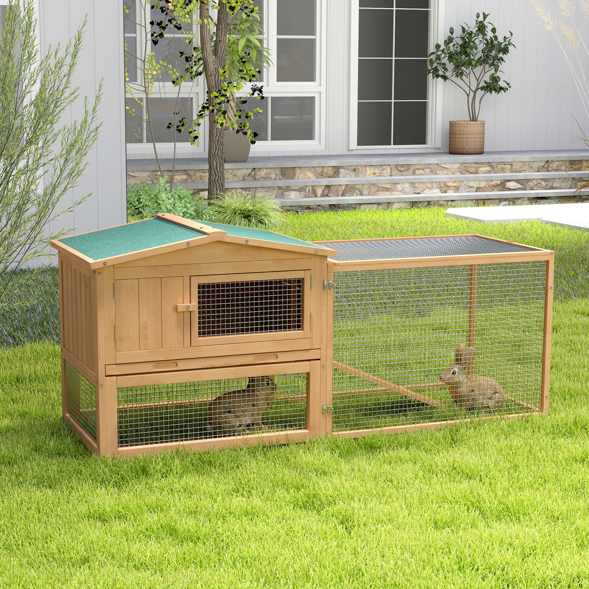 PawHut Rabbit Hutch 2-Story Bunny Cage Small Animal House with Slide Out Tray, Detachable Run, for Indoor Outdoor, 61.5" x 23" x 27", Natural