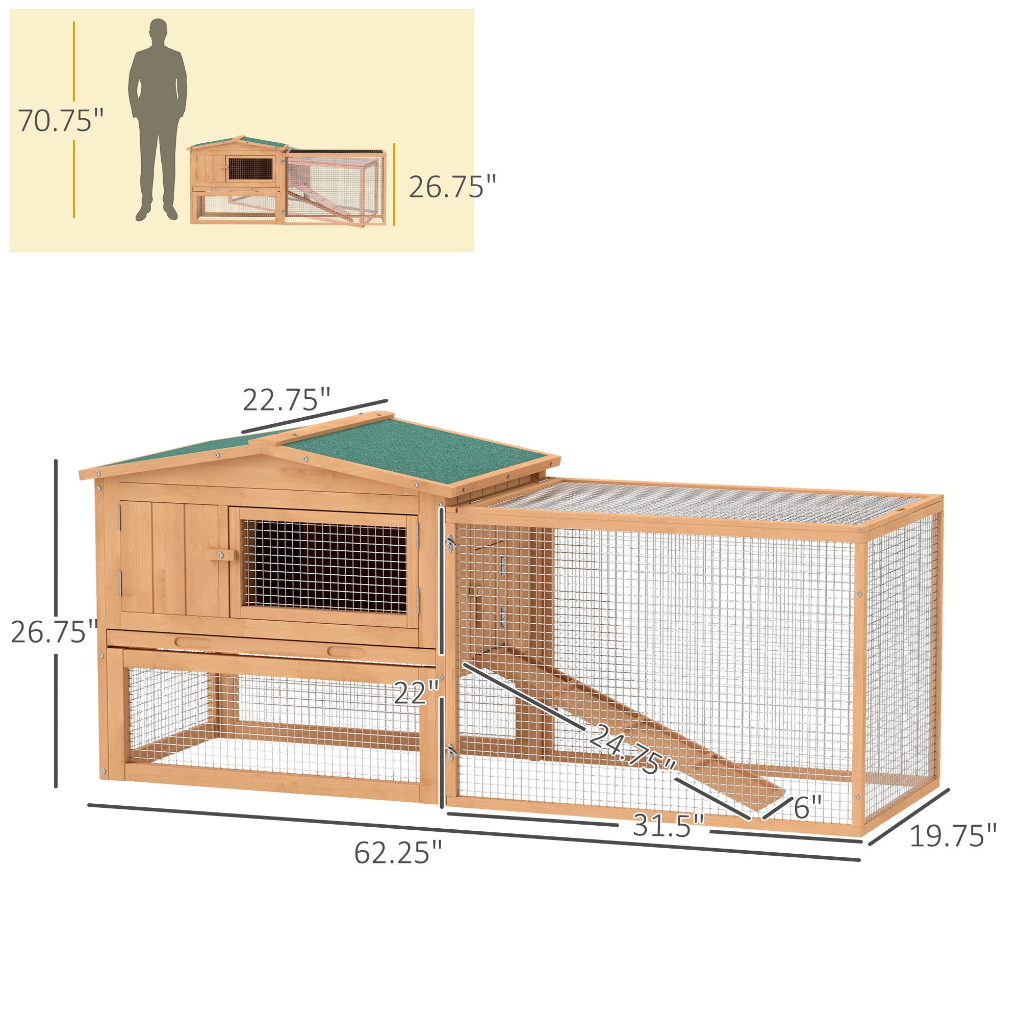 PawHut Rabbit Hutch 2-Story Bunny Cage Small Animal House with Slide Out Tray, Detachable Run, for Indoor Outdoor, 61.5" x 23" x 27", Natural