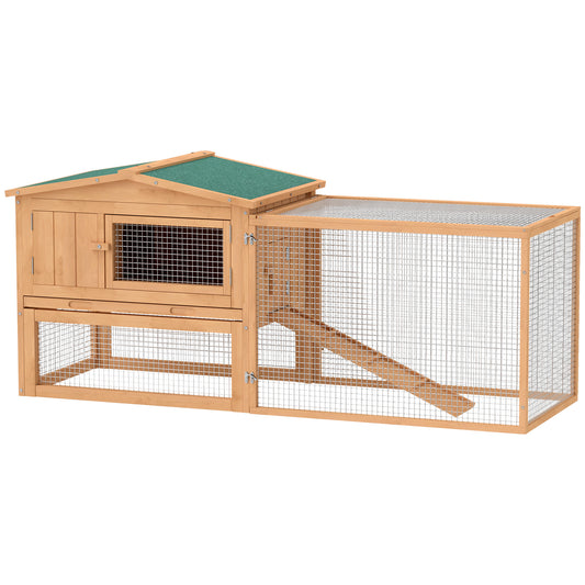 PawHut Rabbit Hutch 2-Story Bunny Cage Small Animal House with Slide Out Tray, Detachable Run, for Indoor Outdoor, 61.5" x 23" x 27", Natural