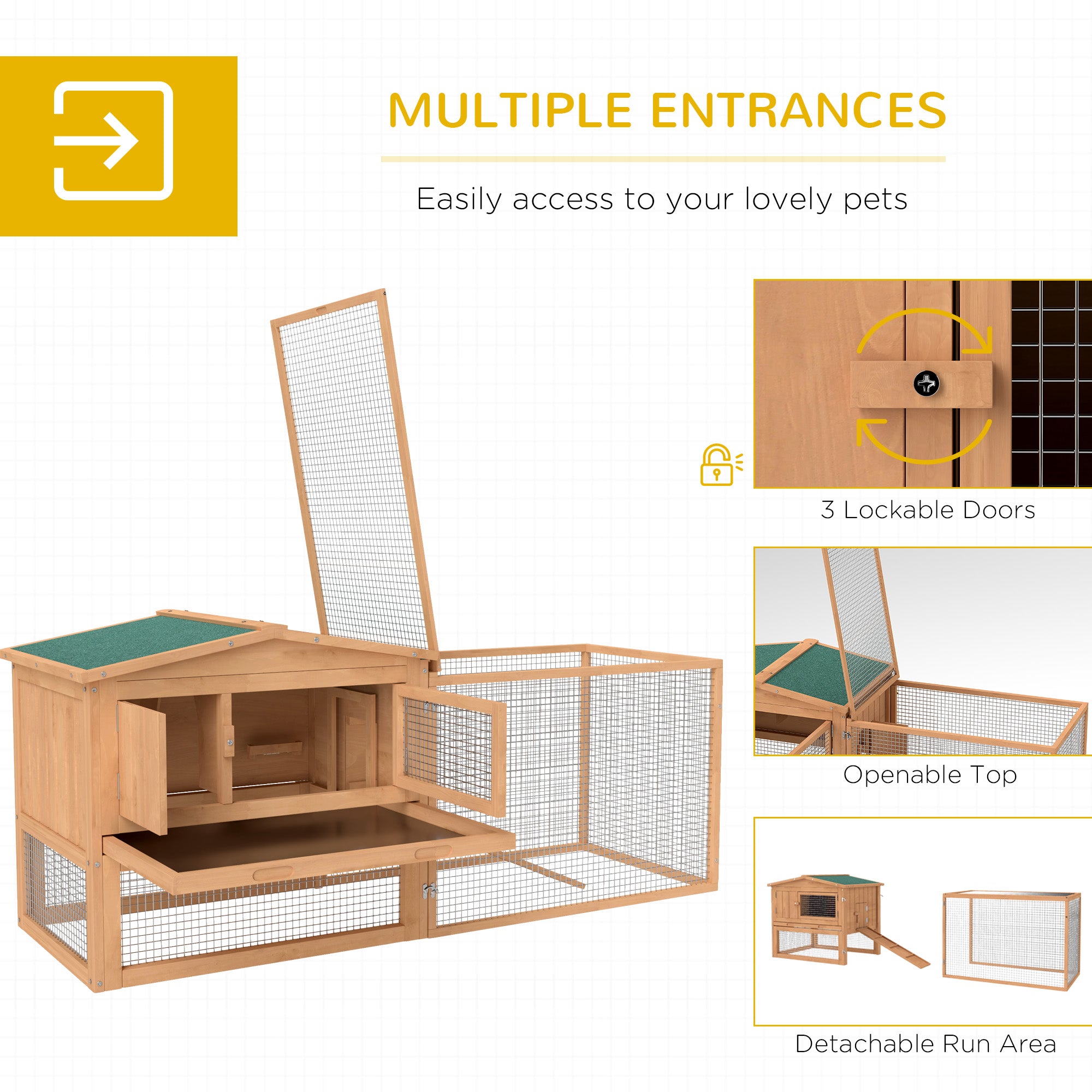 PawHut Rabbit Hutch 2-Story Bunny Cage Small Animal House with Slide Out Tray, Detachable Run, for Indoor Outdoor, 61.5" x 23" x 27", Natural