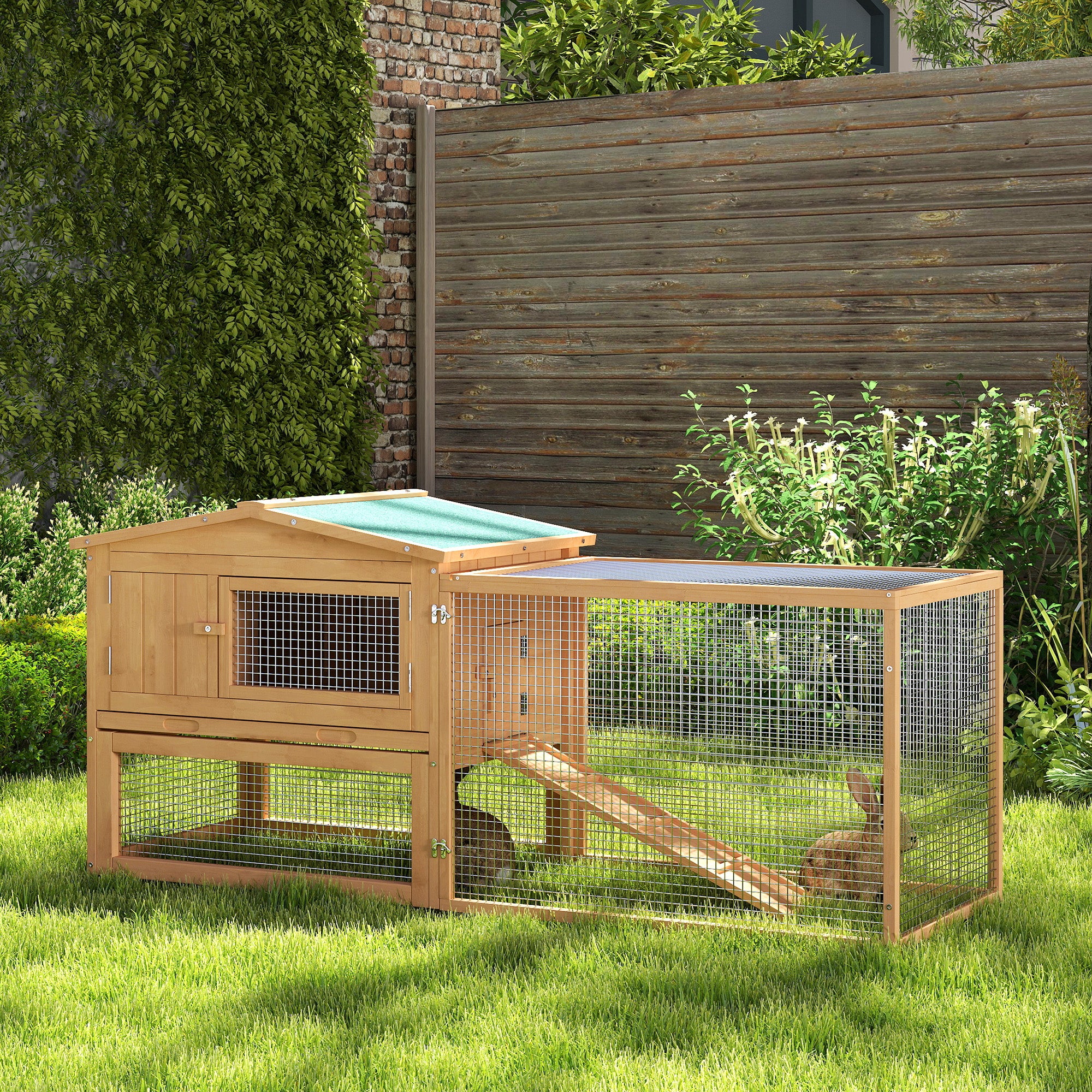 PawHut Rabbit Hutch 2-Story Bunny Cage Small Animal House with Slide Out Tray, Detachable Run, for Indoor Outdoor, 61.5" x 23" x 27", Natural