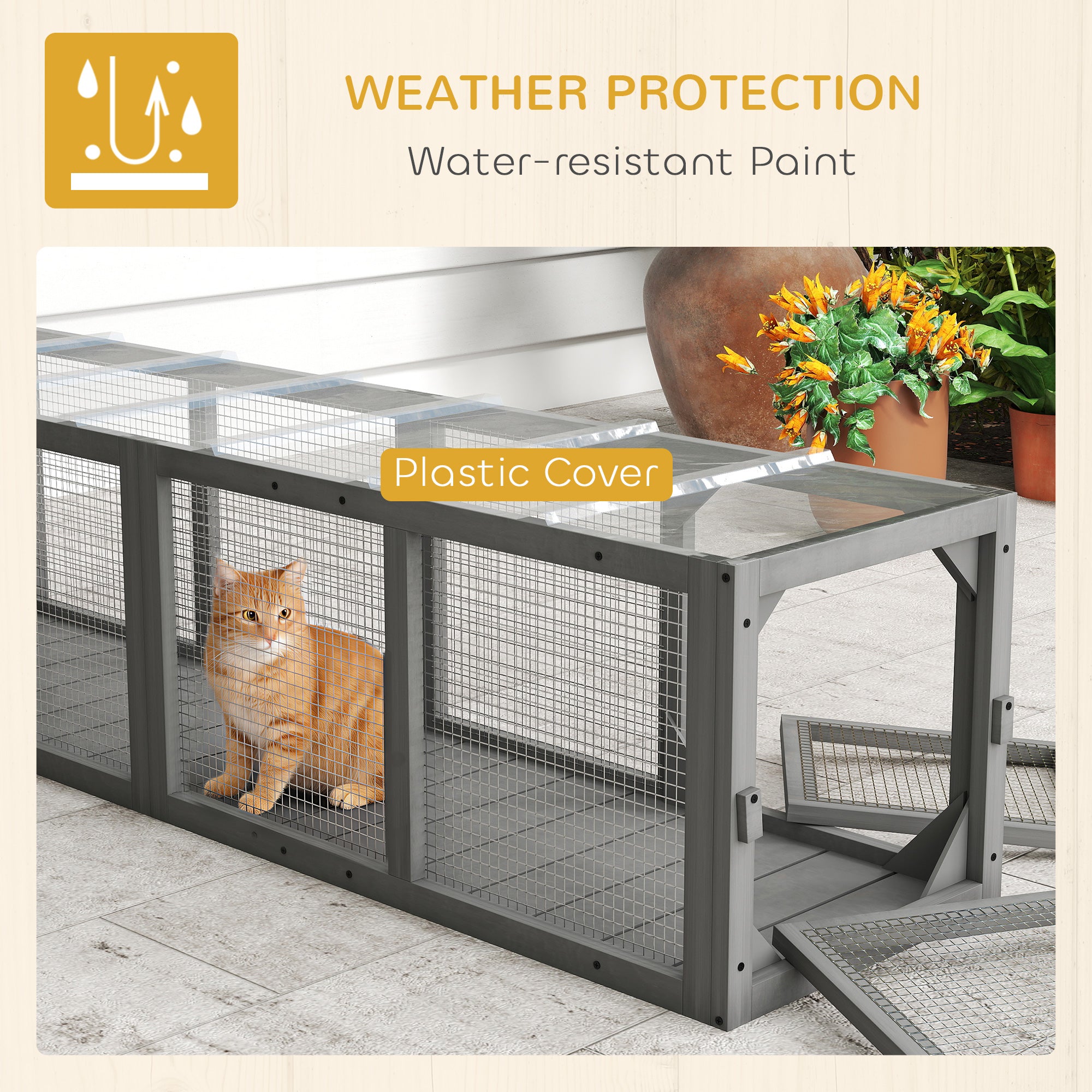 Outdoor Cat Tunnel, 60" Wooden Play Cat Enclosure, Extendable Pet Run with 3 Doors, for Indoor and Outdoor Use, for Kitty, Puppy, Grey