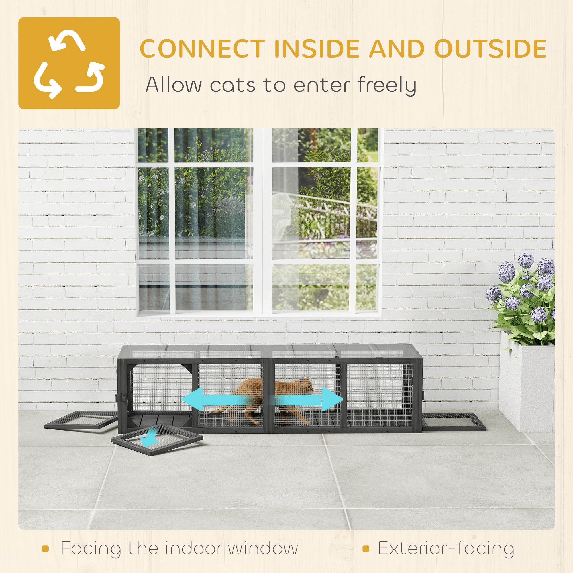Outdoor Cat Tunnel, 60" Wooden Play Cat Enclosure, Extendable Pet Run with 3 Doors, for Indoor and Outdoor Use, for Kitty, Puppy, Grey