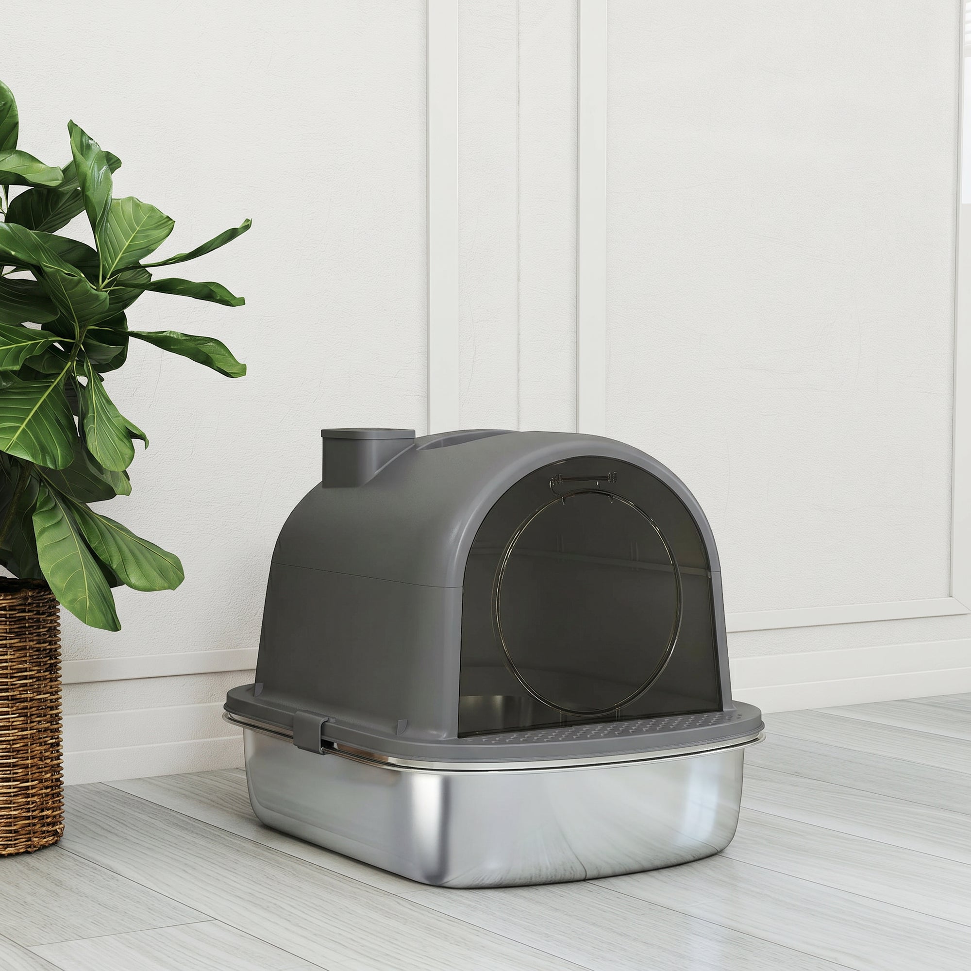 Stainless Steel Litter Box with Lid, Enclosed Cat Litter Box with Scoop, Deodorizer Bag, Handle, Odour Control, Non-Sticky and Easy to Clean, Dark Grey