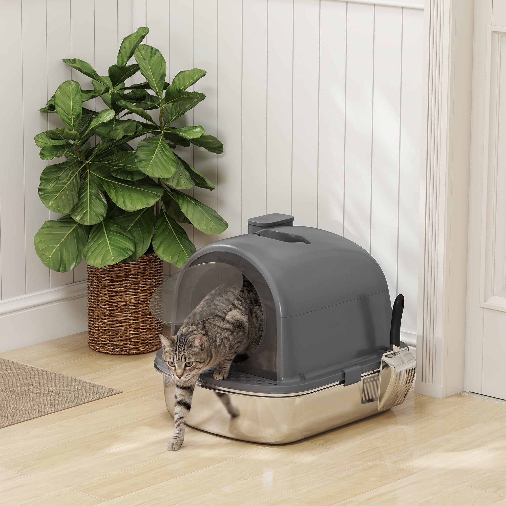 Stainless Steel Litter Box with Lid, Enclosed Cat Litter Box with Scoop, Deodorizer Bag, Handle, Odour Control, Non-Sticky and Easy to Clean, Dark Grey
