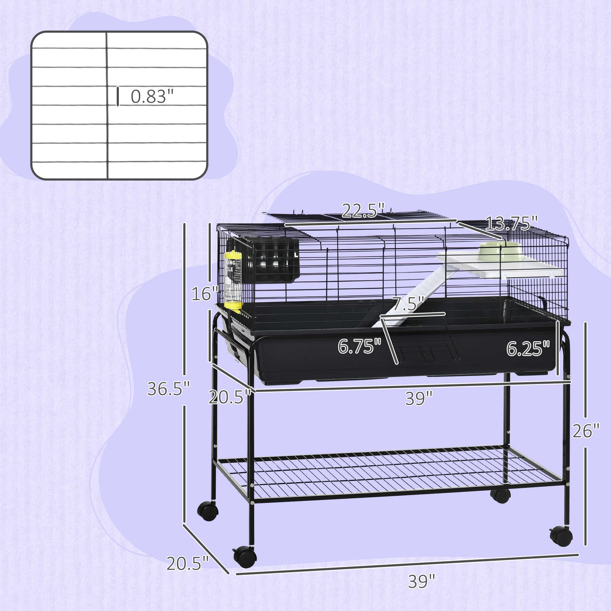 PawHut Two-Story Small Animal Cage Removable from Stand, Guinea Pig Cage, Hedgehog Cage, Chinchilla Cage, Ferret, with Shelf & Wheels, Pet Habitat, 39" x 20.5" x 36.5"