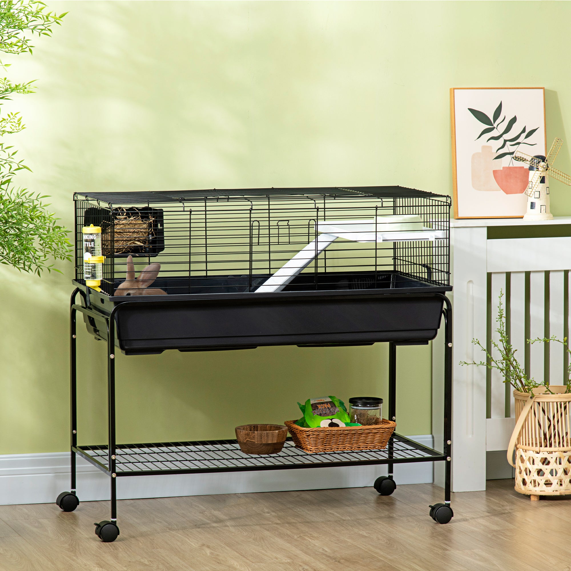 PawHut Two-Story Small Animal Cage Removable from Stand, Guinea Pig Cage, Hedgehog Cage, Chinchilla Cage, Ferret, with Shelf & Wheels, Pet Habitat, 39" x 20.5" x 36.5"