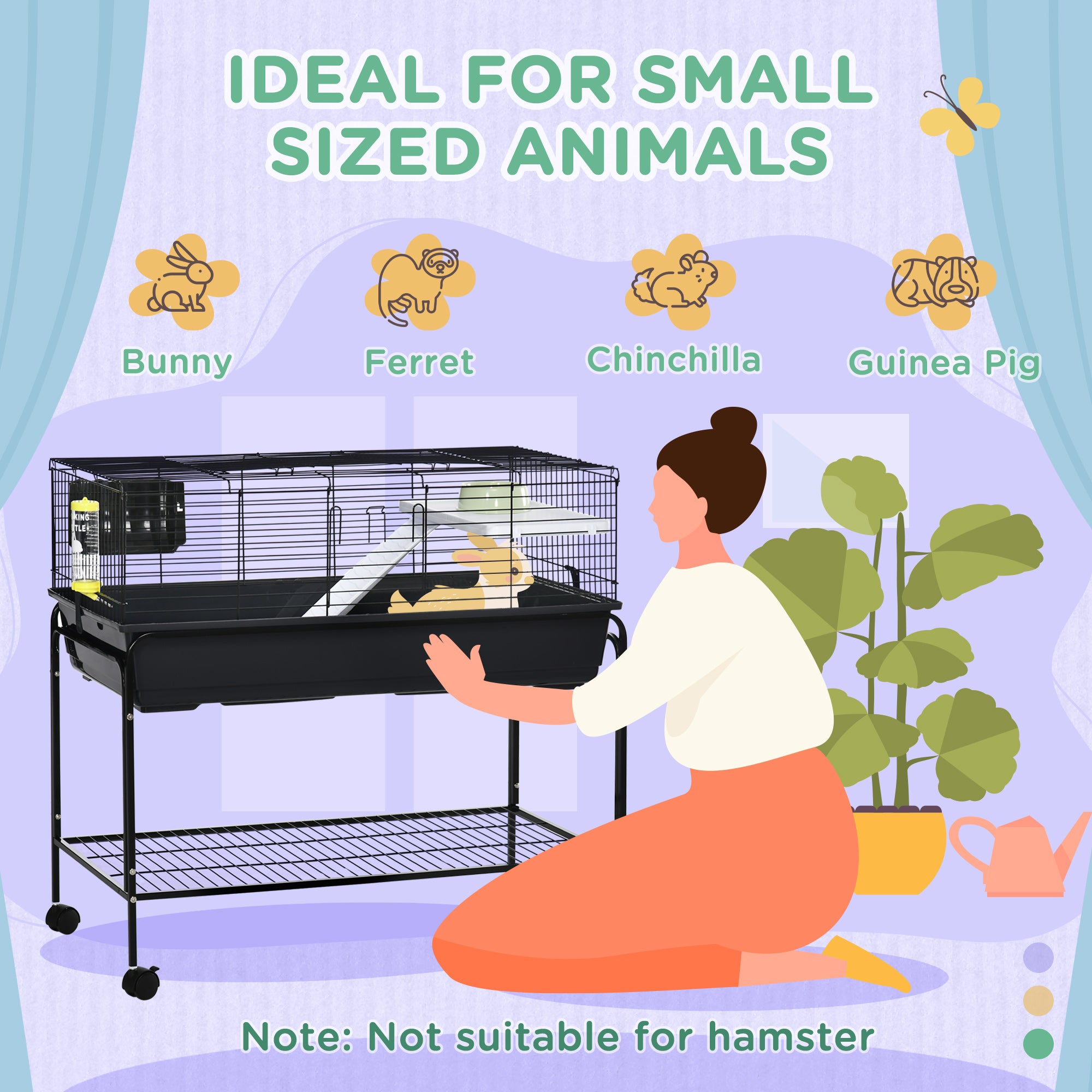 PawHut Two-Story Small Animal Cage Removable from Stand, Guinea Pig Cage, Hedgehog Cage, Chinchilla Cage, Ferret, with Shelf & Wheels, Pet Habitat, 39" x 20.5" x 36.5"