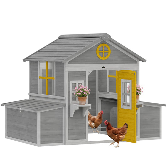Wooden Chicken Coop, Hen House for 2-4 Hens, Outdoor Playhouse Poultry Cage with 2 Nesting Boxes, Waterproof Roof, Windows, Chicken Hutch for Farm Backyard, 72" x 50" x 54", Gray