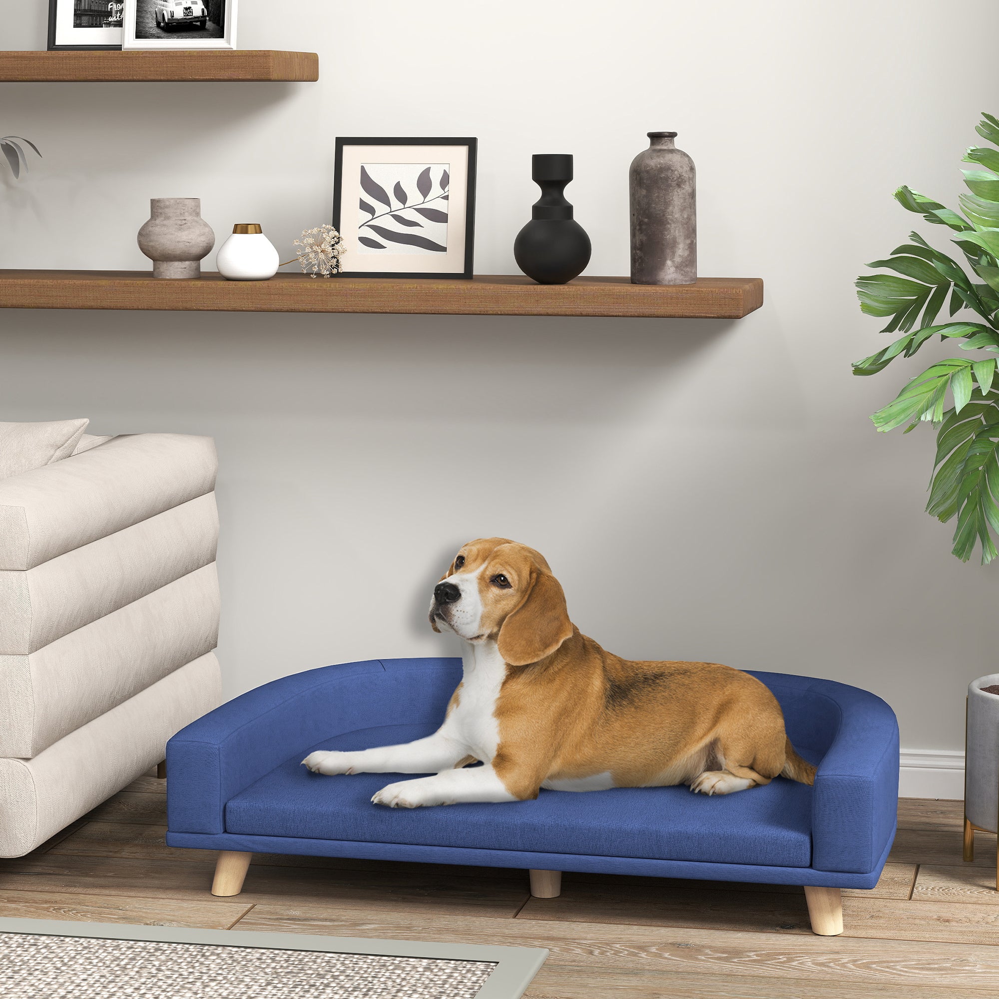 PawHut Dog Sofa Couch, Pet Bed with Comfortable Luxury Cushion, Washable Cover, Wooden Legs, Anti-slip Mat for Large Dogs, Cats, Kittens, Blue