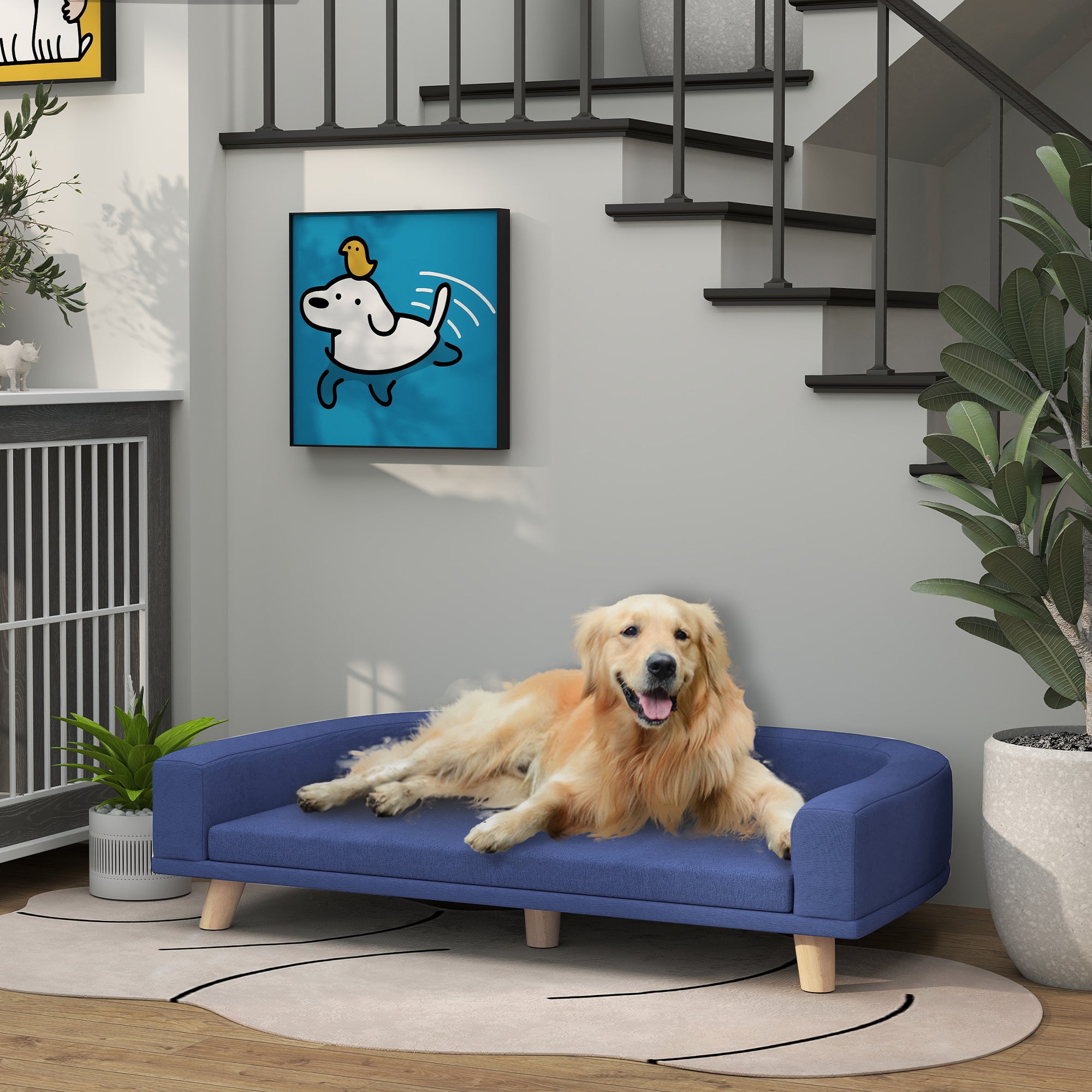 PawHut Dog Sofa Couch, Pet Bed with Comfortable Luxury Cushion, Washable Cover, Wooden Legs, Anti-slip Mat for Large Dogs, Cats, Kittens, Blue
