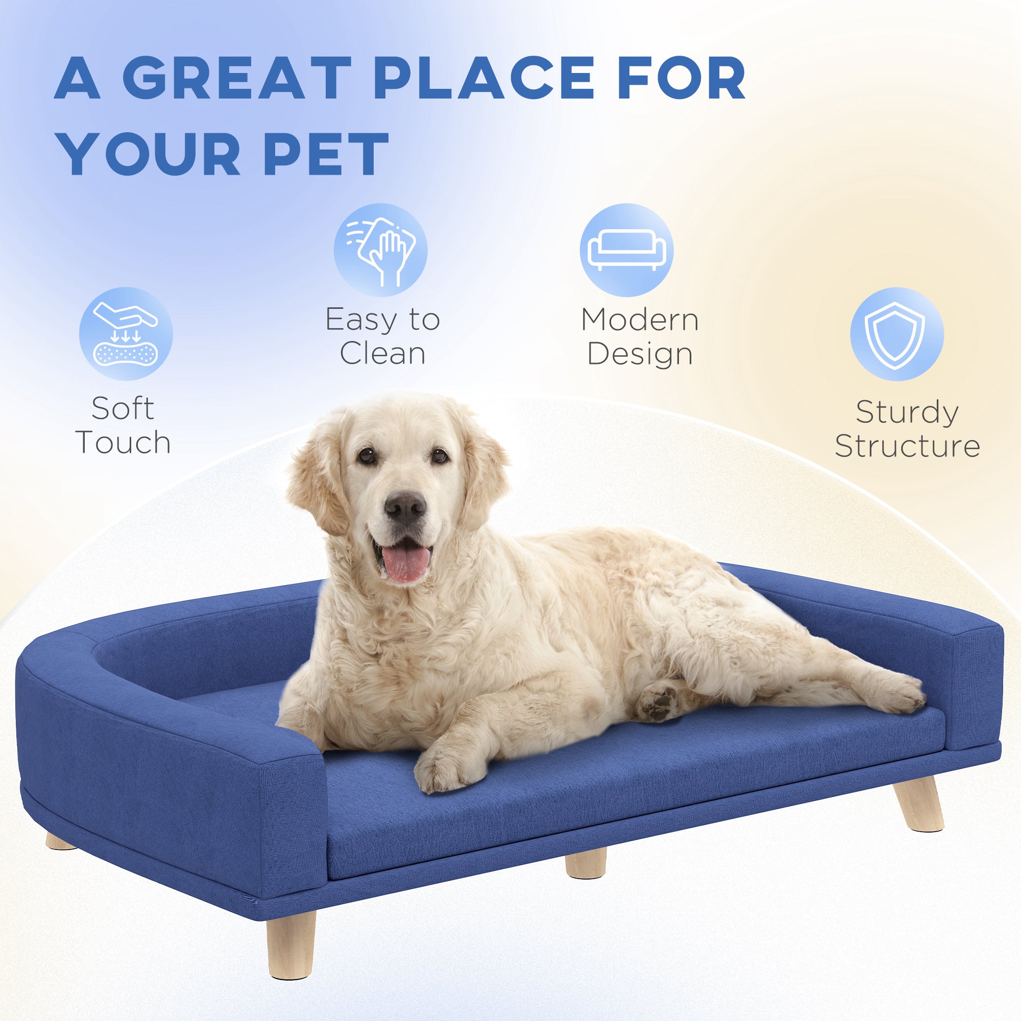 PawHut Dog Sofa Couch, Pet Bed with Comfortable Luxury Cushion, Washable Cover, Wooden Legs, Anti-slip Mat for Large Dogs, Cats, Kittens, Blue
