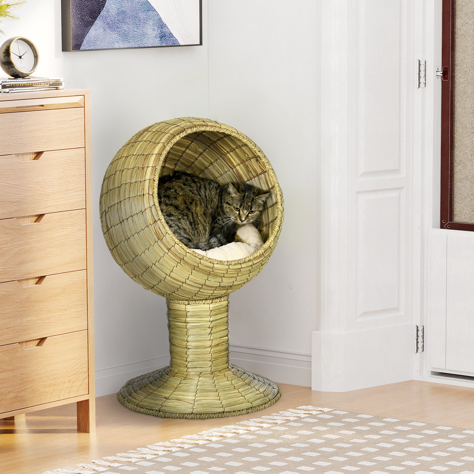 Raised Cat House, Natural Mat Grass Cat Bed, Kitten Cave with Cushion, Detachable Top, Yellow, Φ41x 69 cm