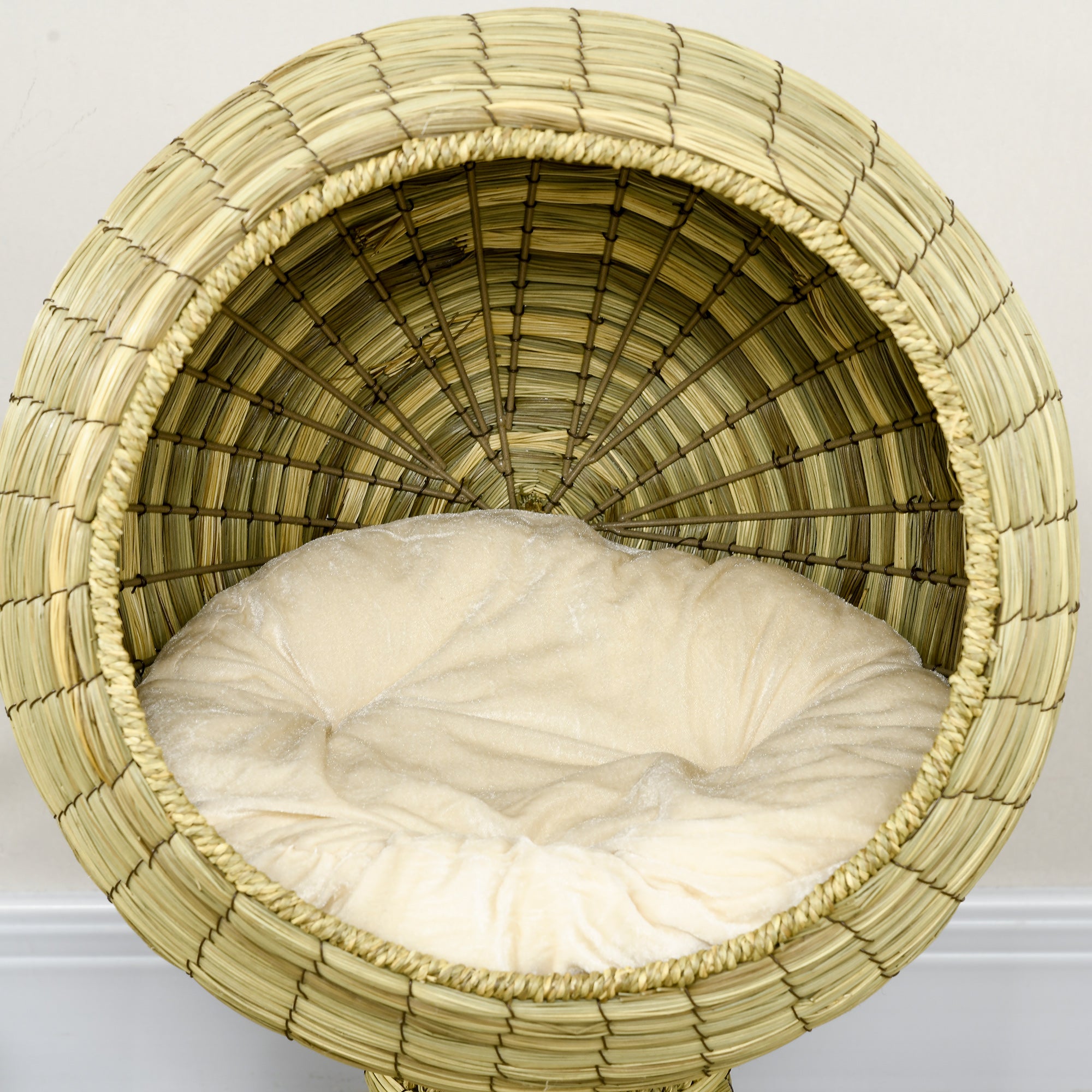 Raised Cat House, Natural Mat Grass Cat Bed, Kitten Cave with Cushion, Detachable Top, Yellow, Φ41x 69 cm