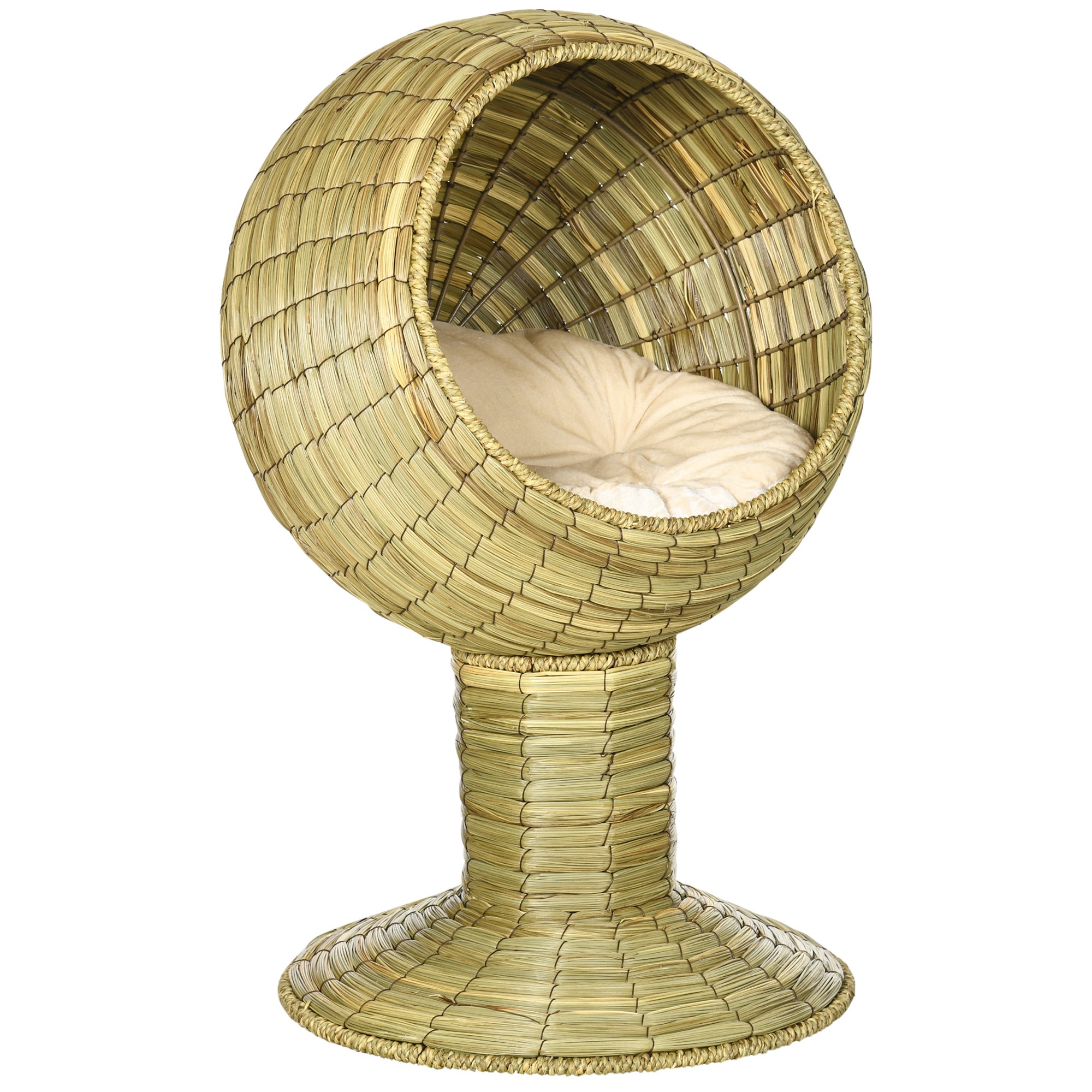Raised Cat House, Natural Mat Grass Cat Bed, Kitten Cave with Cushion, Detachable Top, Yellow, Φ41x 69 cm