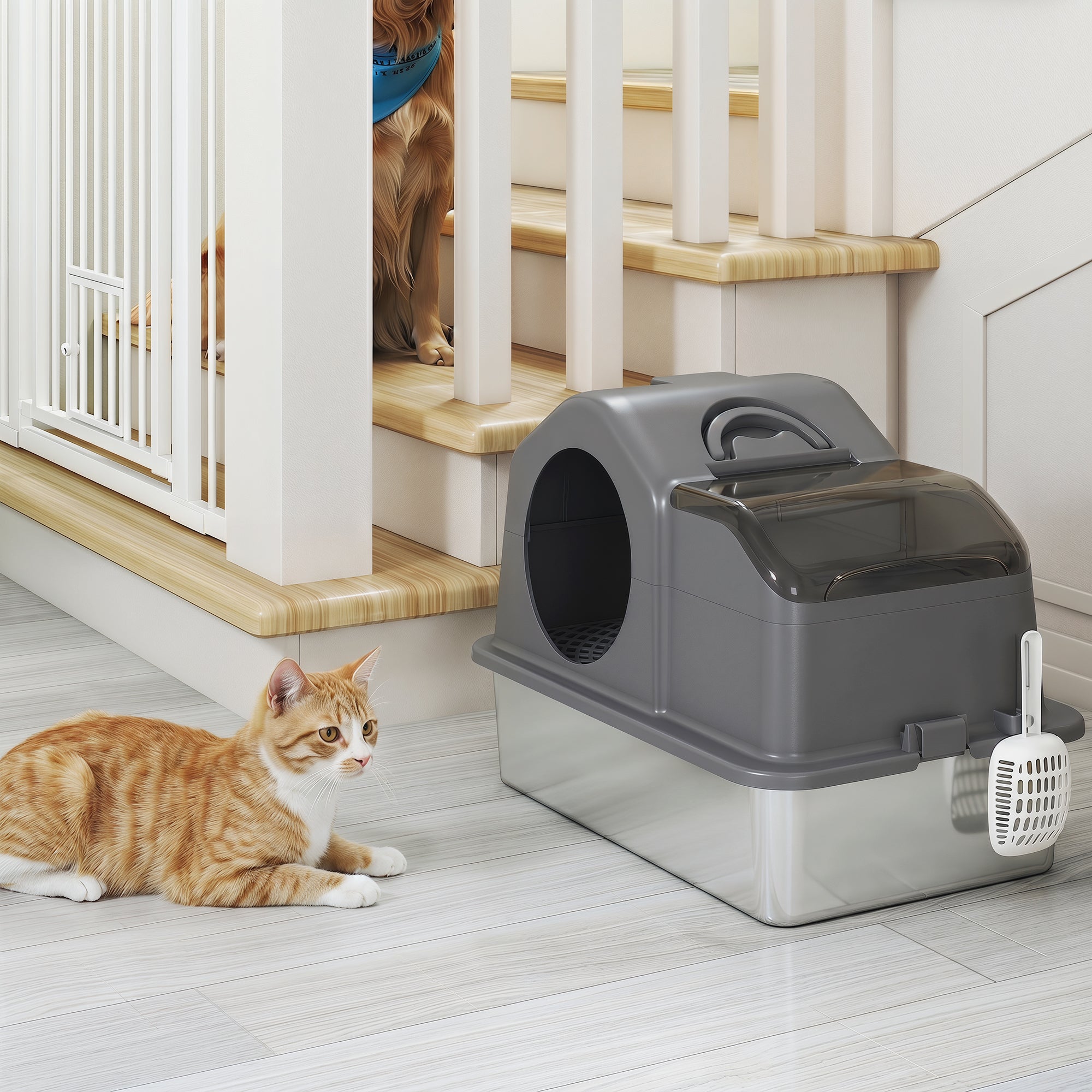 Stainless Steel Cat Litter Box with Removable Lid, Extra Large Enclosed Litter Box with High Sided, Scoop, Odor Free, Non-Sticky, Anti-Leakage, Easy Clean, Dark Grey