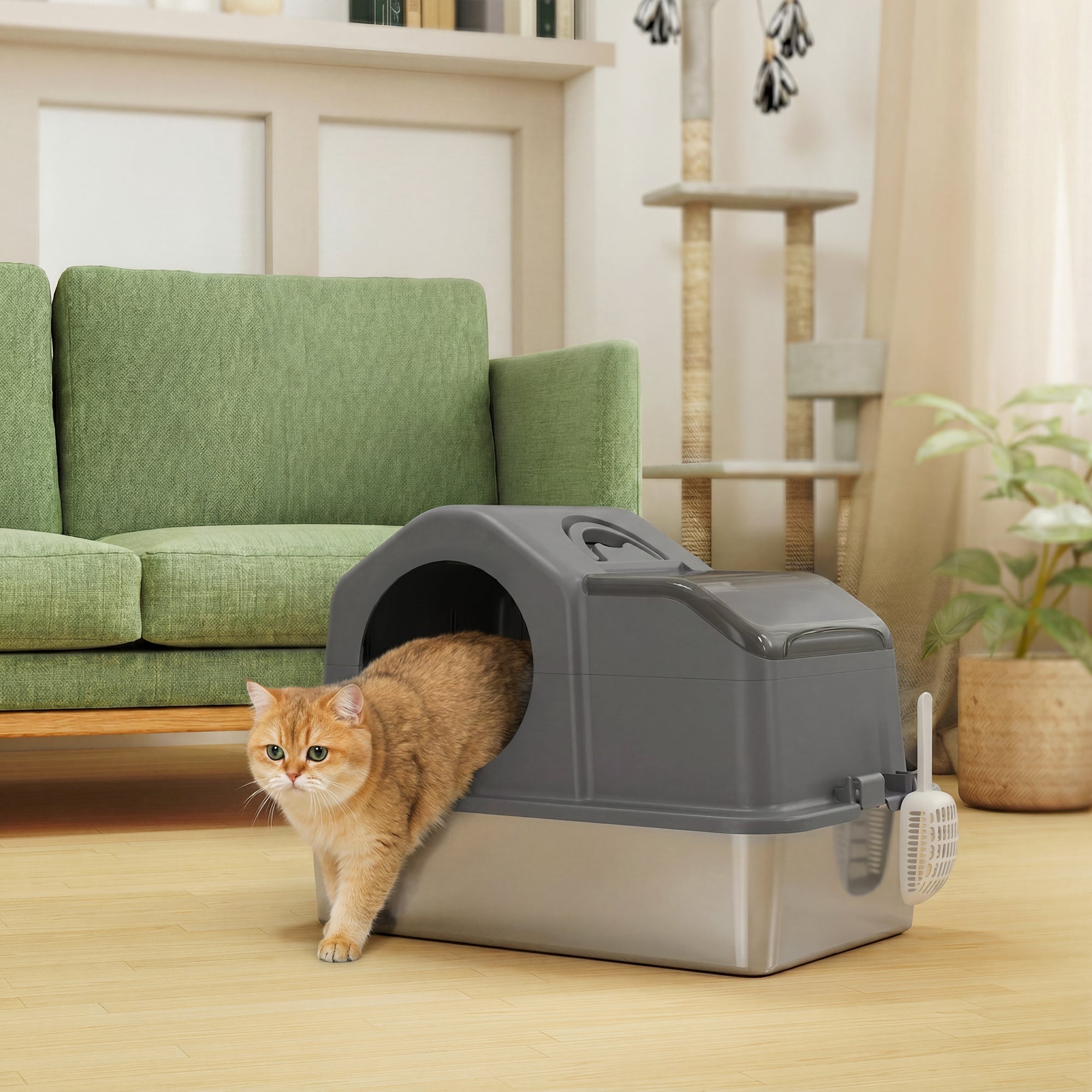 Stainless Steel Cat Litter Box with Removable Lid, Extra Large Enclosed Litter Box with High Sided, Scoop, Odor Free, Non-Sticky, Anti-Leakage, Easy Clean, Dark Grey