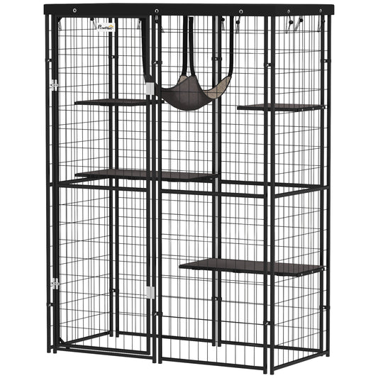 Catio Outdoor Cat Enclosure, Weld Wire Outdoor Cat House with Waterproof Cover, 4 Jumping Platforms, Hammock, Cat Cage Indoor for 1-3 Kittens, 46.5" x 22" x 62", Black