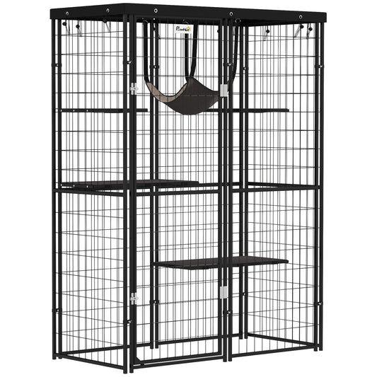 Catio Outdoor Cat Enclosure, Weld Wire Outdoor Cat House with Waterproof Cover, 4 Jumping Platforms, Hammock, Cat Cage Indoor for 1-3 Kittens, 46.5" x 22" x 62", Black