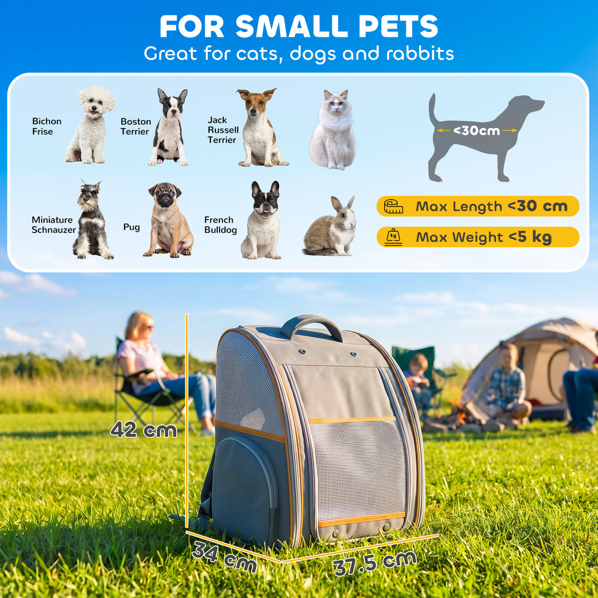 Cat Backpack Carrier, Foldable Pet Carrier for Mini Dogs and Cats Up to 5 kg, Pet Travel Bag with Mesh Window, Side Pocket for Travel and Outdoor Activities, Grey