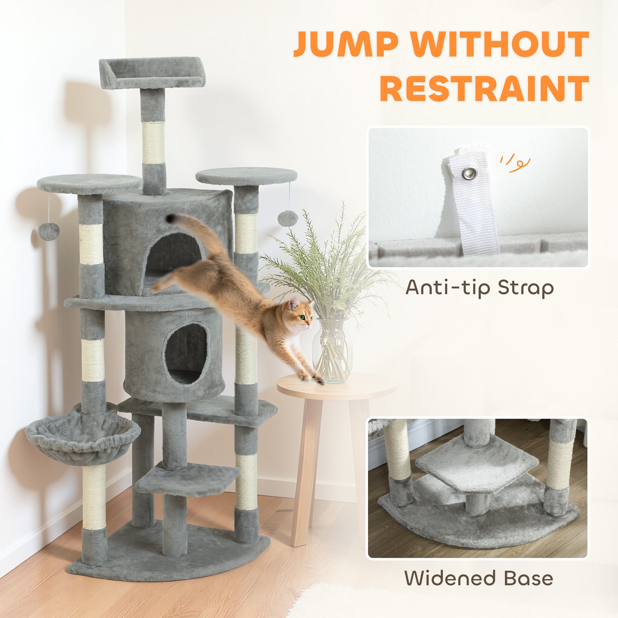 Cat Tree, 62" Multi-Level Cat Tower with Scratching Posts, 2 Condos, Hammock, Perches, Plush, Pompoms, for Indoor Kittens Playing, Resting, Sleeping, Light Grey