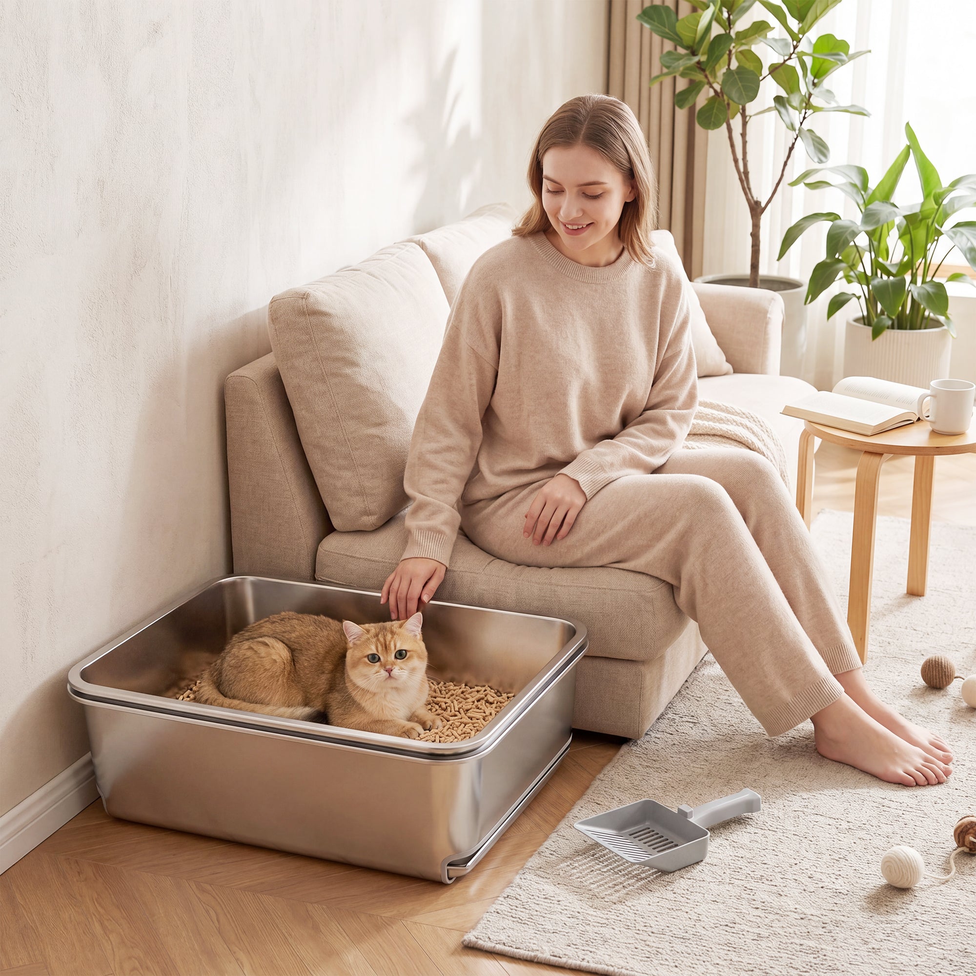 XL Stainless Steel Cat Litter Box, Sifting Cat Litter Box with Sifting Pan, High Sides for Medium and Large Cats, Non-Sticky, Odour Control, Easy Cleaning, Silver