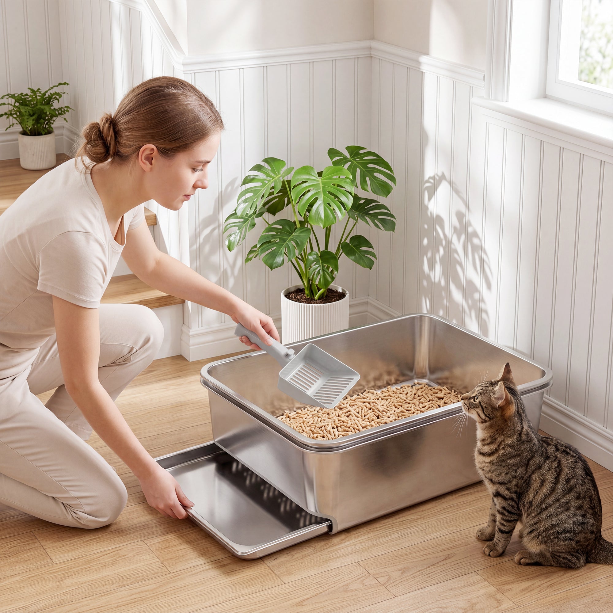 XL Stainless Steel Cat Litter Box, Sifting Cat Litter Box with Sifting Pan, High Sides for Medium and Large Cats, Non-Sticky, Odour Control, Easy Cleaning, Silver
