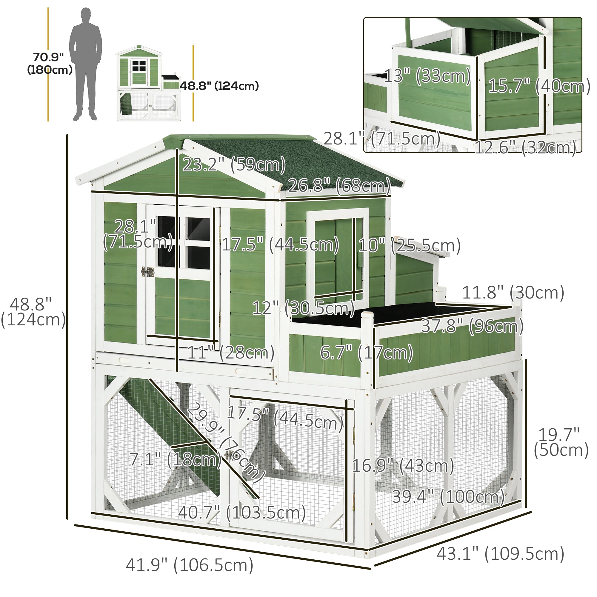 42" Chicken Coop, Wooden Hen Run House, Rabbit Hutch with Nesting Box, Removable Tray, Asphalt Roof, Planting Lattice, Green