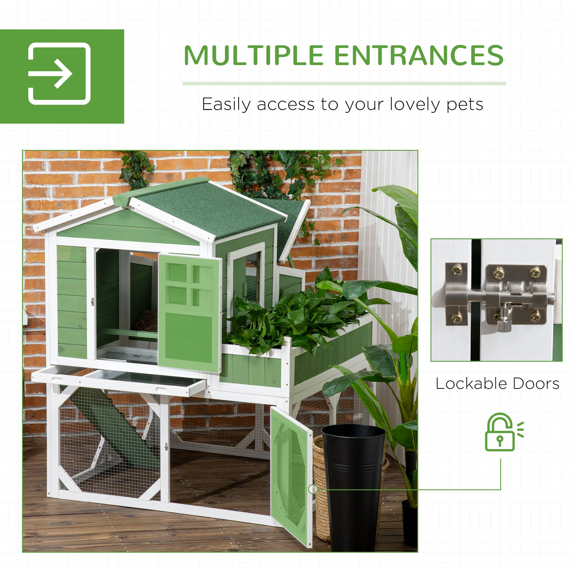 42" Chicken Coop, Wooden Hen Run House, Rabbit Hutch with Nesting Box, Removable Tray, Asphalt Roof, Planting Lattice, Green