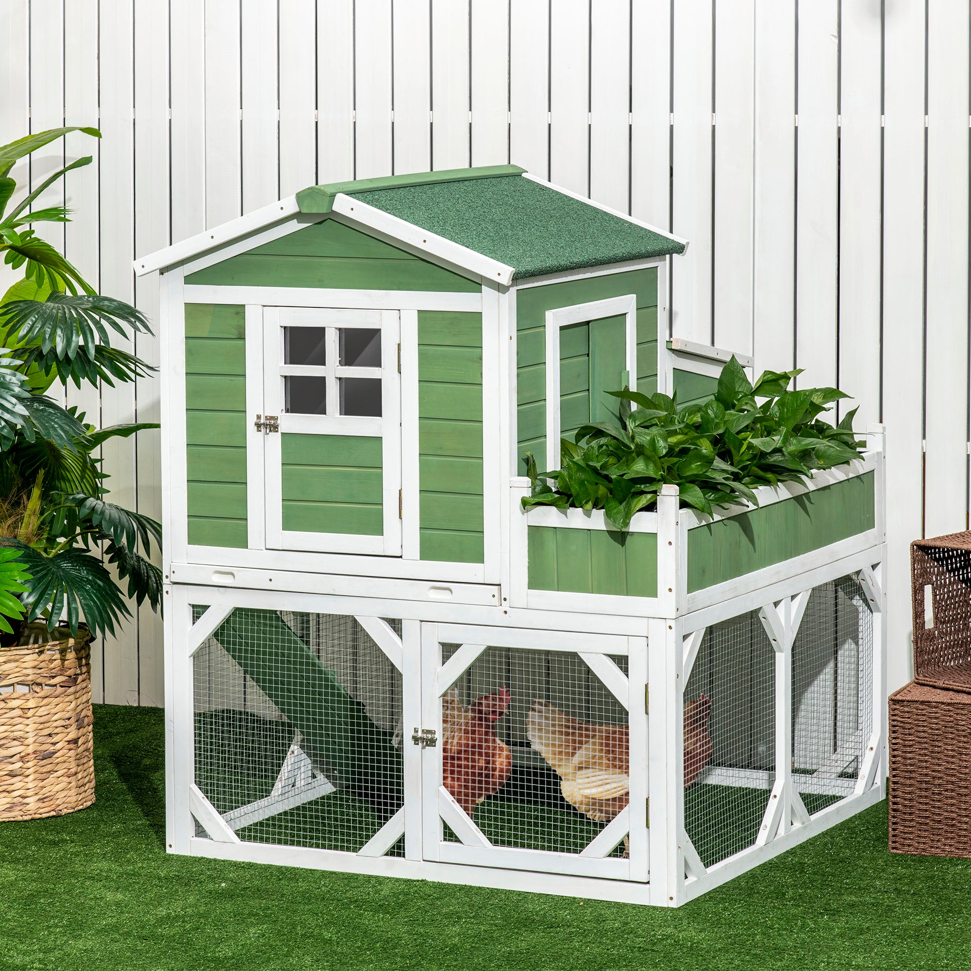 42" Chicken Coop, Wooden Hen Run House, Rabbit Hutch with Nesting Box, Removable Tray, Asphalt Roof, Planting Lattice, Green