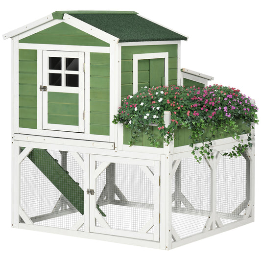42" Chicken Coop, Wooden Hen Run House, Rabbit Hutch with Nesting Box, Removable Tray, Asphalt Roof, Planting Lattice, Green