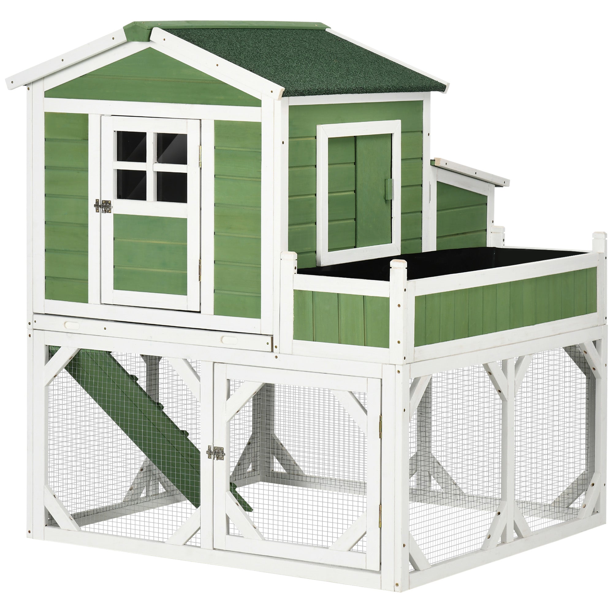 42" Chicken Coop, Wooden Hen Run House, Rabbit Hutch with Nesting Box, Removable Tray, Asphalt Roof, Planting Lattice, Green
