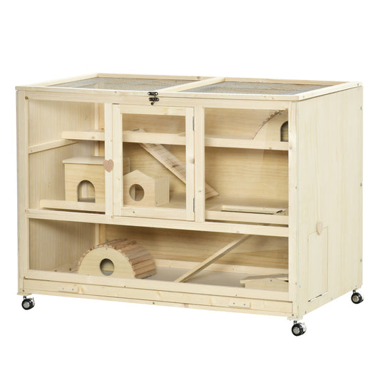 Wooden Hamster Cage, 3 Tier Rat Cage with Openable Roof, Run, Ladders, Wheels, Tray, for Hamsters, Rats, Syrian, Small Animals Exercise Play House, Natural Wood