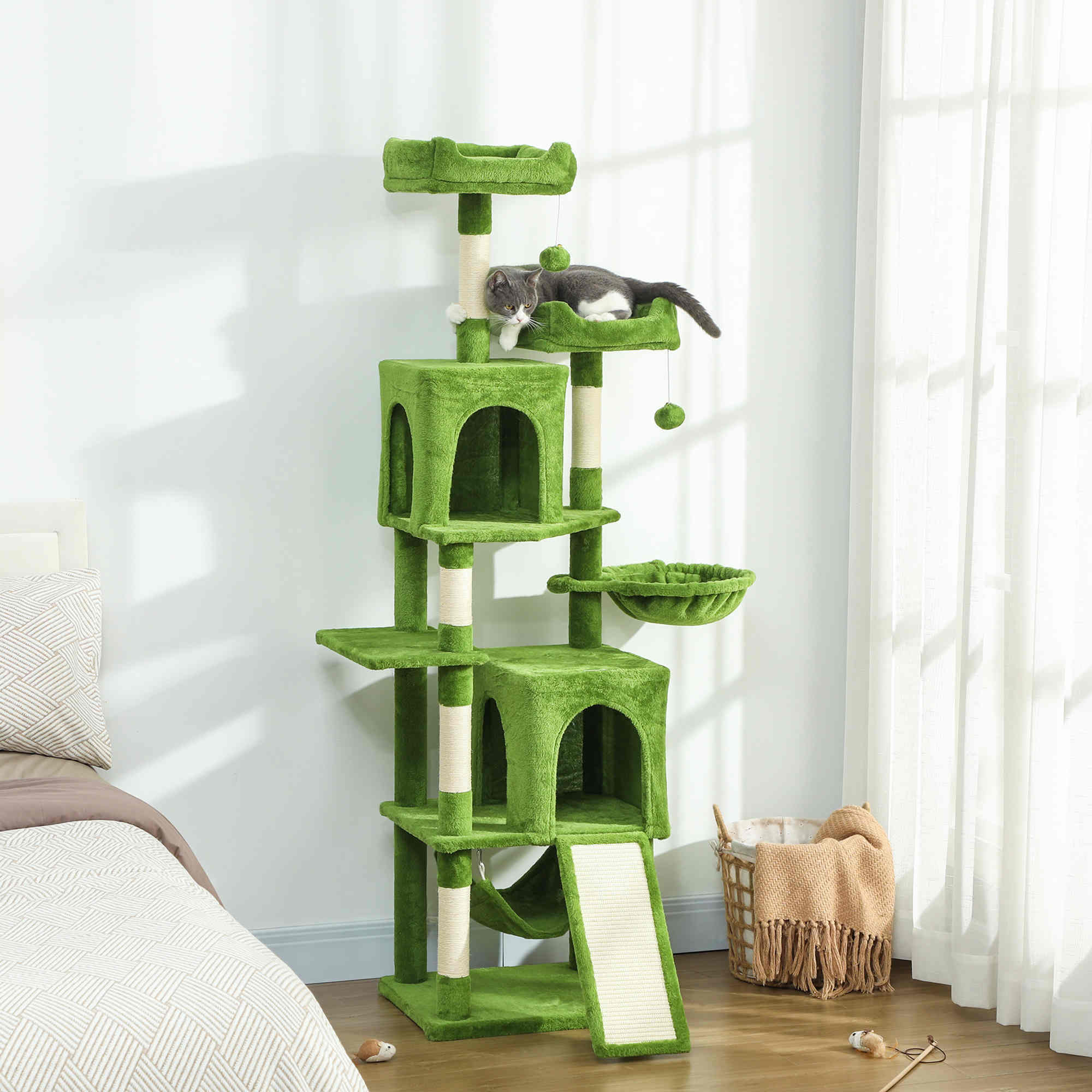 Cat Tree, 70" Multi-Level Cat Tower for Indoor with 2 Condos, 2 Plush Top Perches, Hammock, Platforms, Toy Balls, Sisal Scratching Posts and Board, Green
