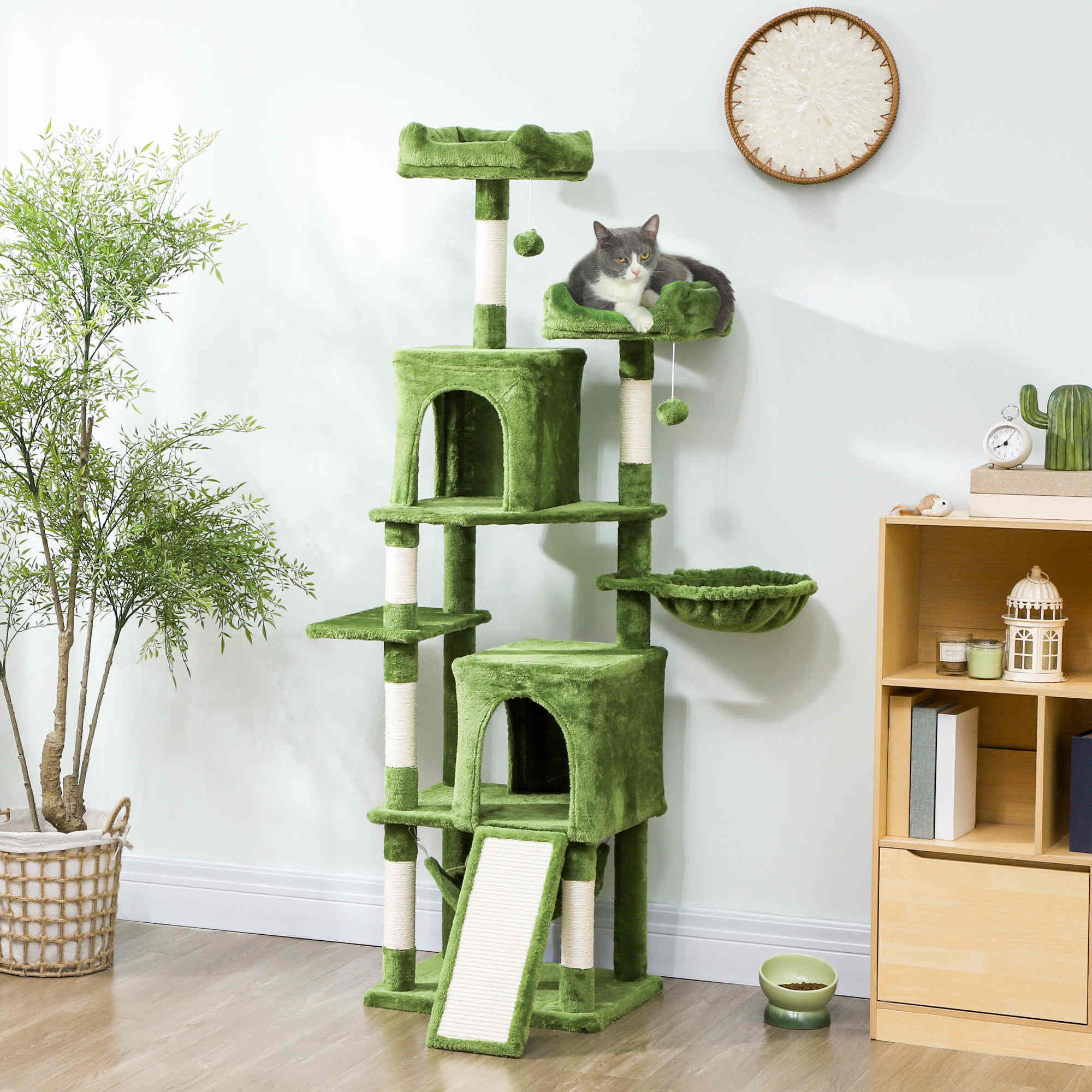 Cat Tree, 70" Multi-Level Cat Tower for Indoor with 2 Condos, 2 Plush Top Perches, Hammock, Platforms, Toy Balls, Sisal Scratching Posts and Board, Green