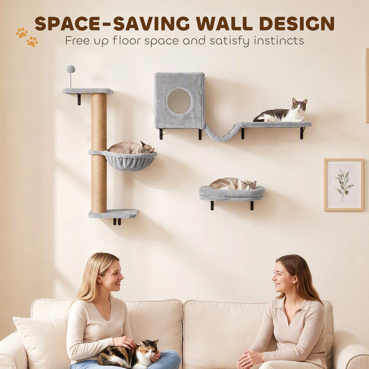 3-In-1 Cat Wall Shelves, Wooden Cat Climbing Furniture with Condo, Bed, Hammock, Scratching Post and Spring Ball, Space-Saving Wall Mounted Kitty Shelves for Indoor Kittens, Gray