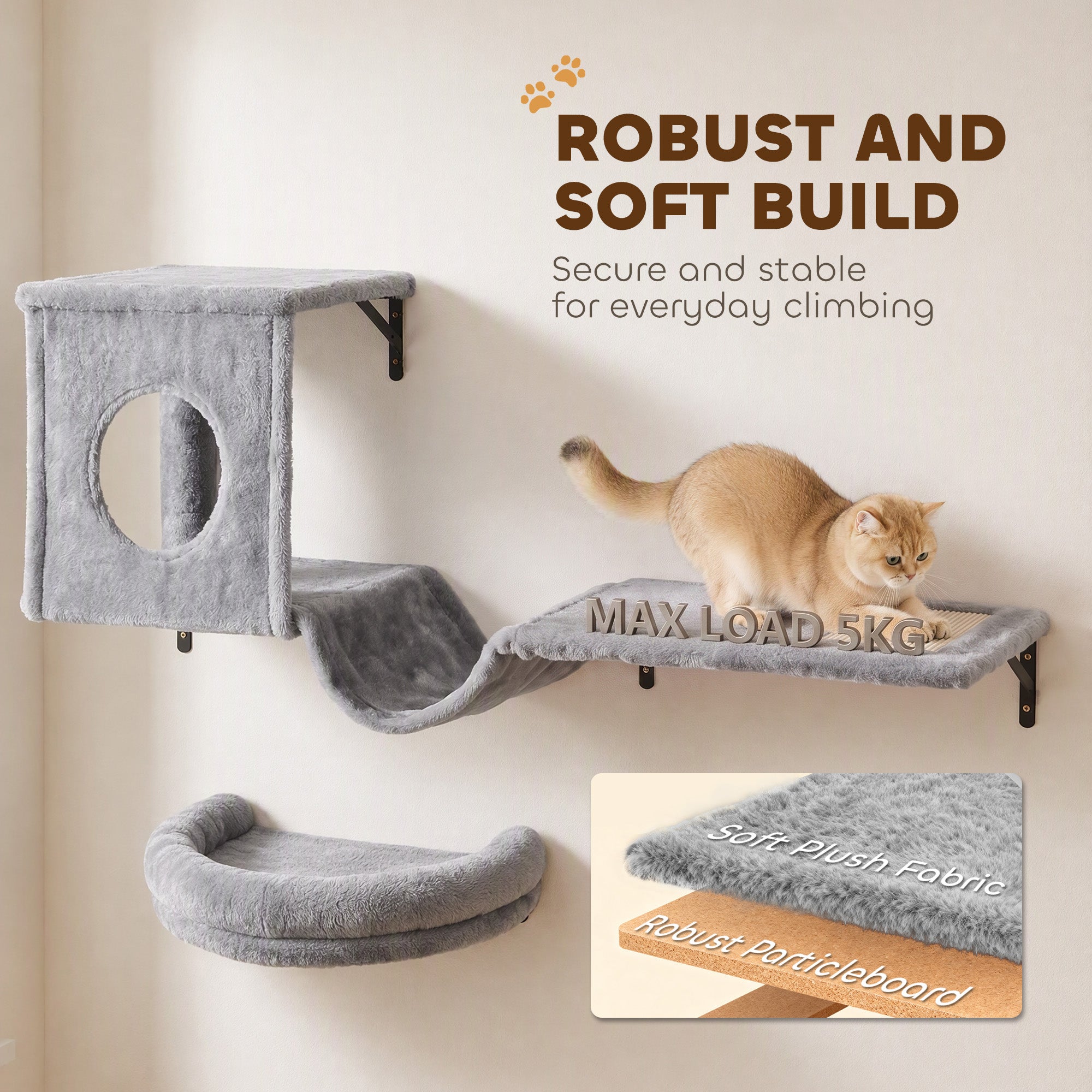 3-In-1 Cat Wall Shelves, Wooden Cat Climbing Furniture with Condo, Bed, Hammock, Scratching Post and Spring Ball, Space-Saving Wall Mounted Kitty Shelves for Indoor Kittens, Gray