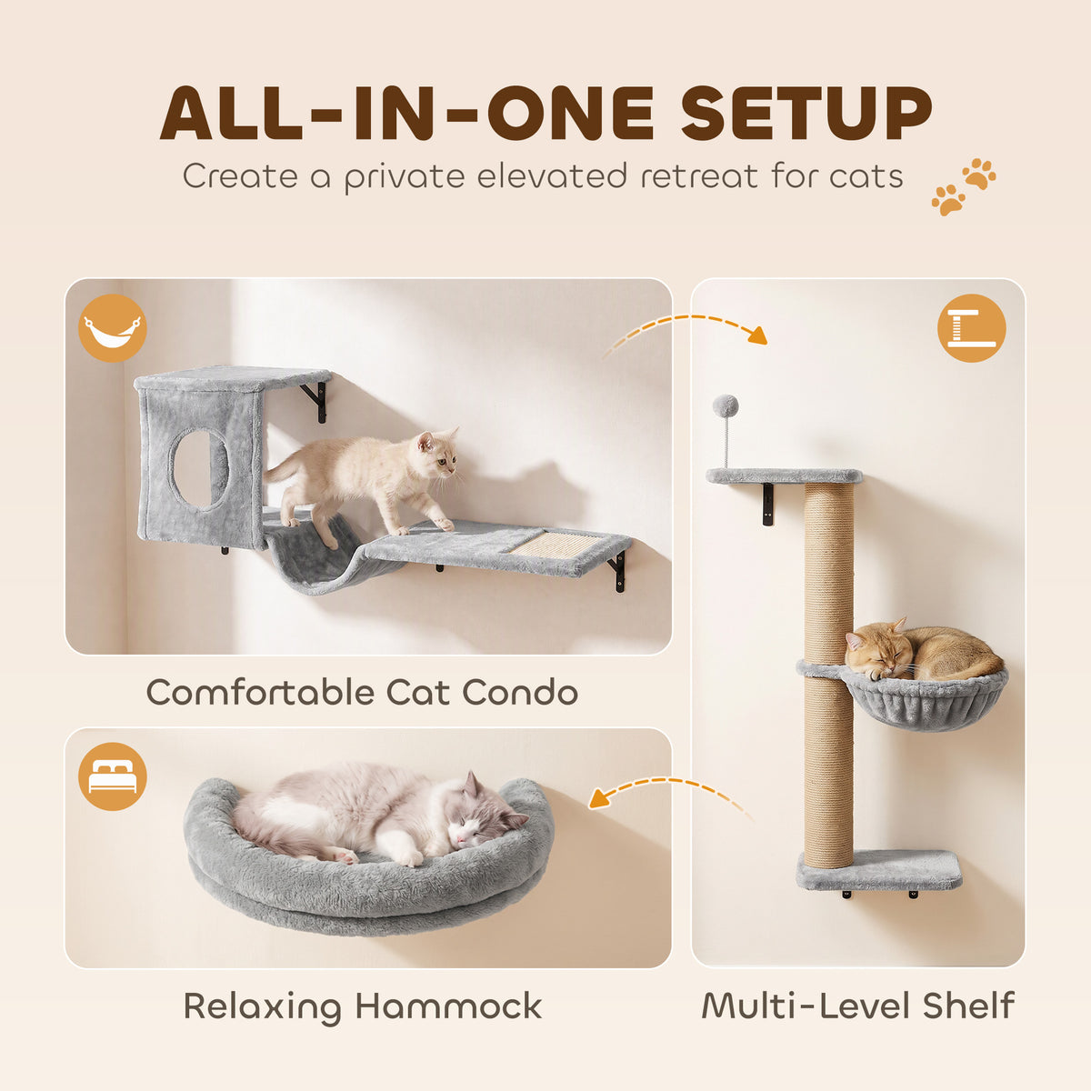 3-In-1 Cat Wall Shelves, Wooden Cat Climbing Furniture with Condo, Bed, Hammock, Scratching Post and Spring Ball, Space-Saving Wall Mounted Kitty Shelves for Indoor Kittens, Gray