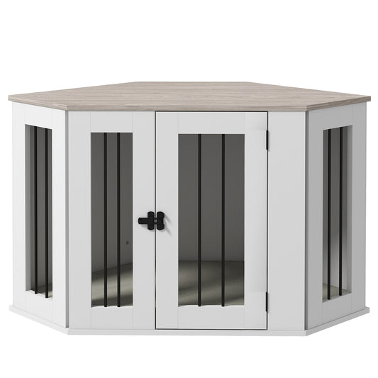 41" Dog Crate Furniture, Corner Dog Crate End Table for Medium and Small Dogs, Indoor Dog Cage with Cushion, Door, Lock, White