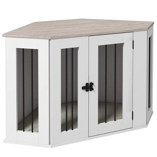 41" Dog Crate Furniture, Corner Dog Crate End Table for Medium and Small Dogs, Indoor Dog Cage with Cushion, Door, Lock, White