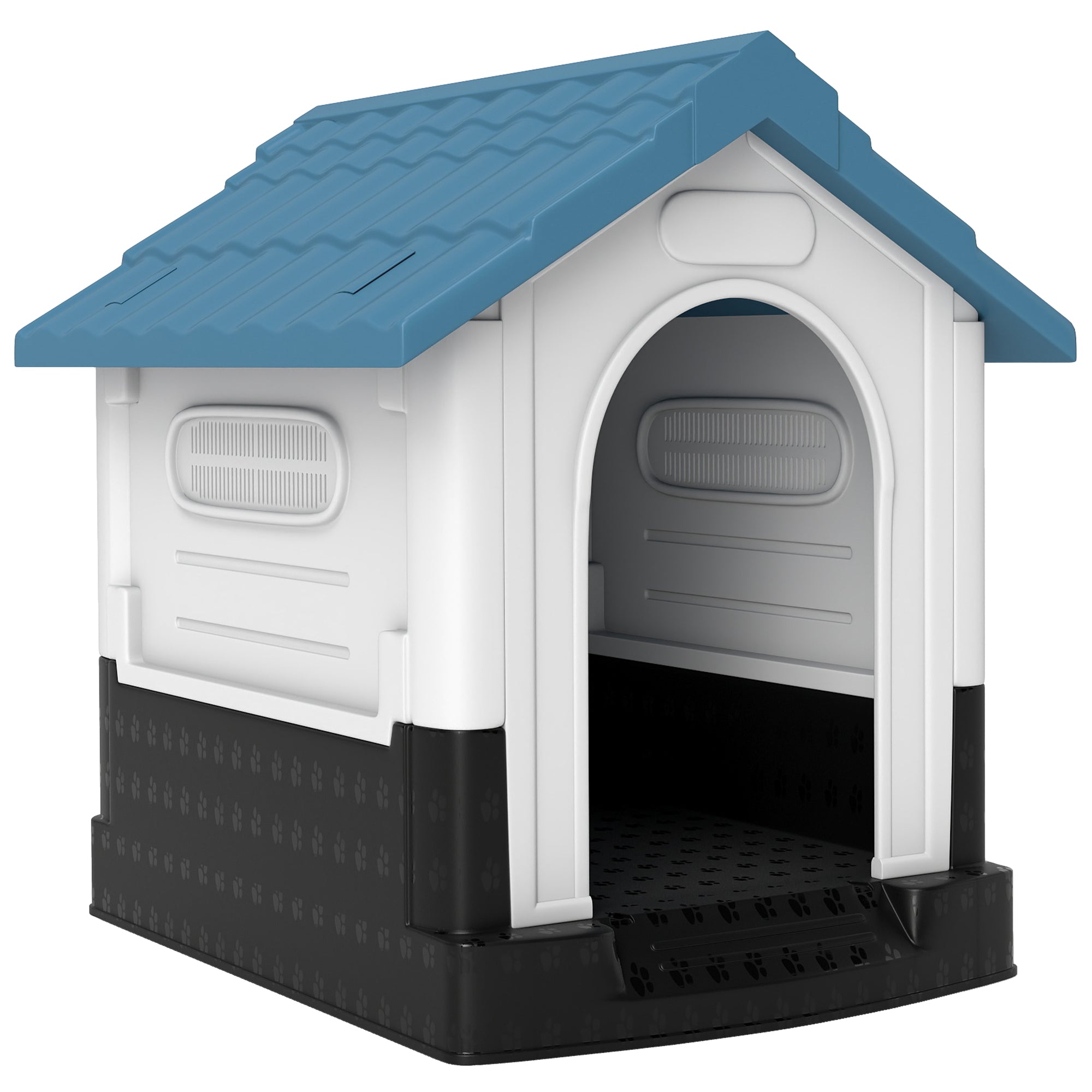 Outdoor Dog House, Plastic Dog Kennel, Water-Resistant Pet Shelter with Windows, Base Support for Garden Patio, Miniature Dogs, 25" x 22" x 26" - Blue