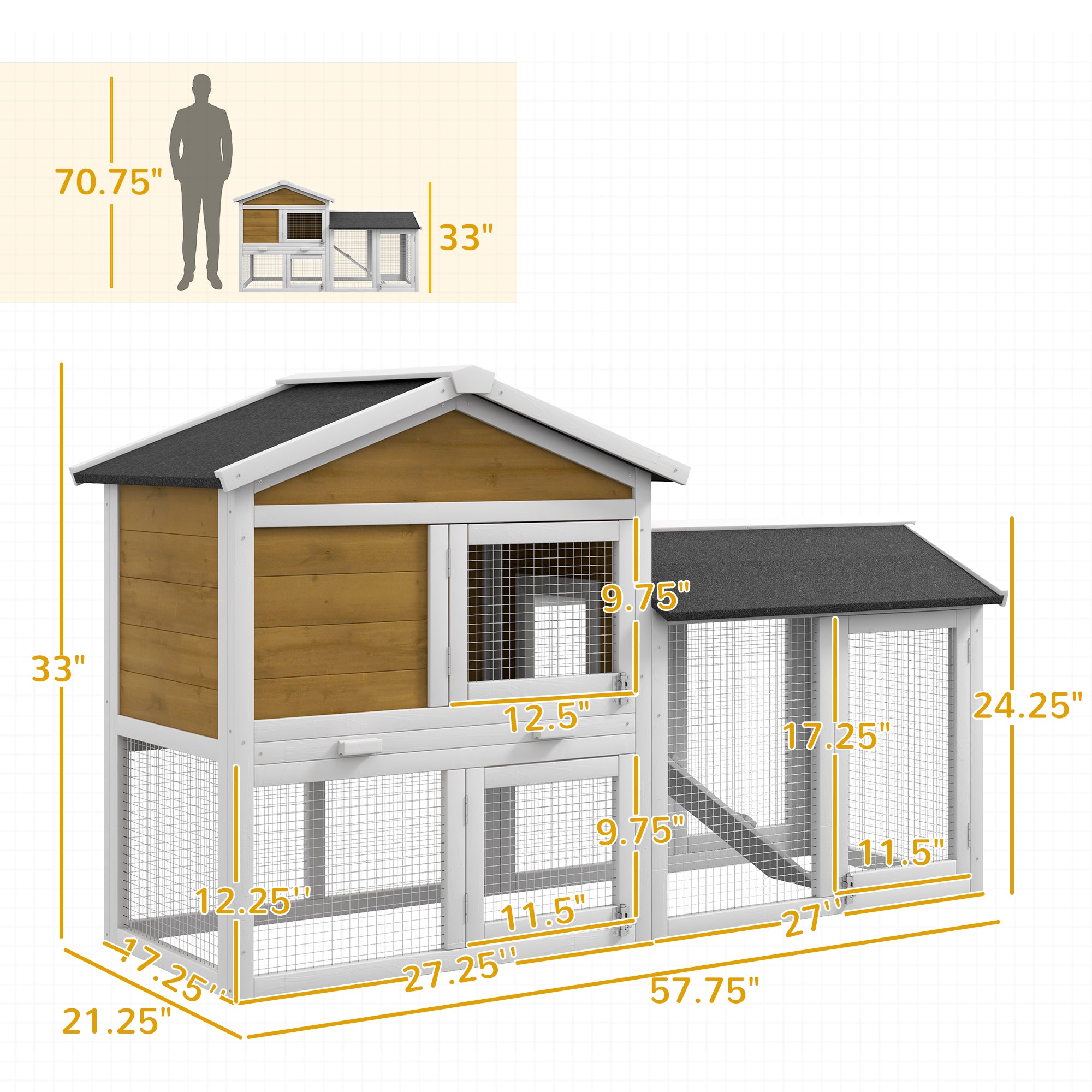 PawHut 58" Rabbit Hutch, Wooden Bunny Hutch, Guinea Pig Cage, Small Animal Enclosure with Run Area, Removable Tray, Asphalt Roof, Lockable Doors and Ramp, Nature Wood