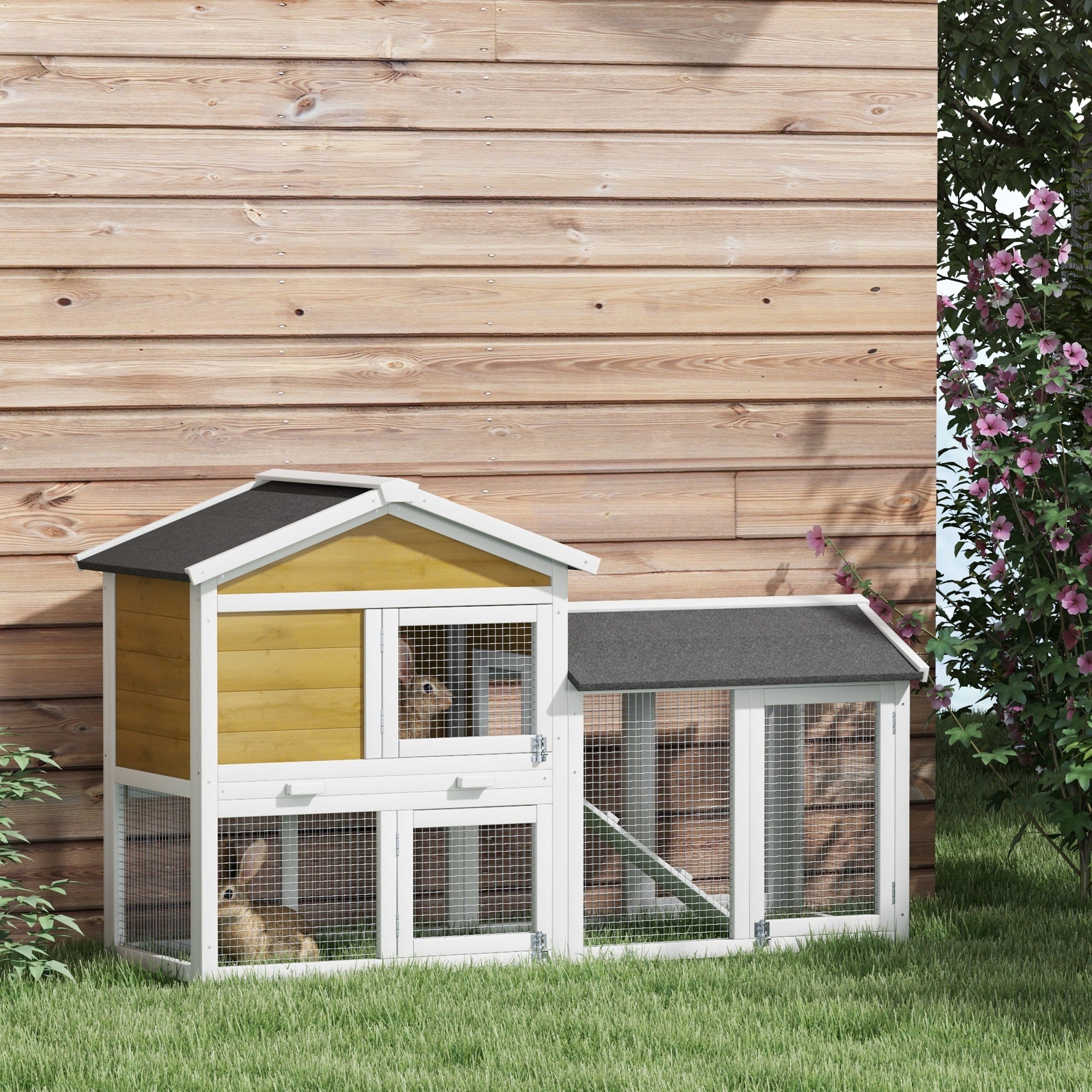 Wooden Rabbit Hutch Outdoor, Double Tier Guinea Pig Hutch, Small Animal House Water-Resistant Roof Ramp 147 x 54 x 84 cm, Yellow