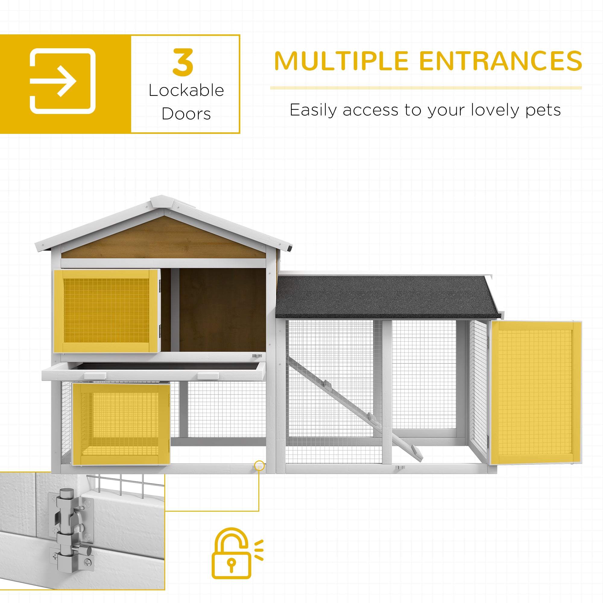 Wooden Rabbit Hutch Outdoor, Double Tier Guinea Pig Hutch, Small Animal House Water-Resistant Roof Ramp 147 x 54 x 84 cm, Yellow