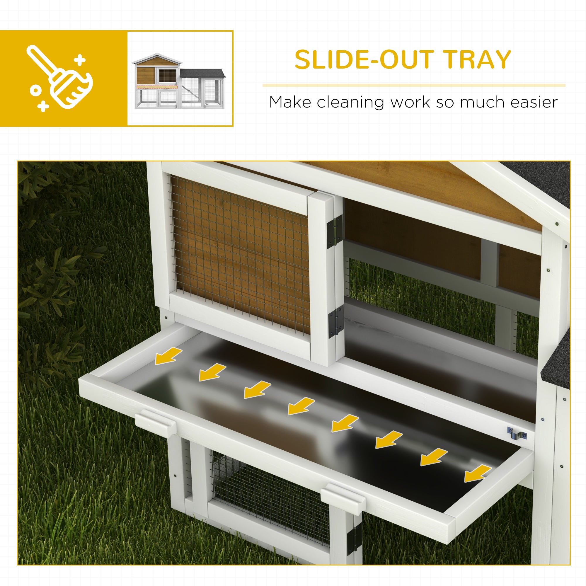 Wooden Rabbit Hutch Outdoor, Double Tier Guinea Pig Hutch, Small Animal House Water-Resistant Roof Ramp 147 x 54 x 84 cm, Yellow