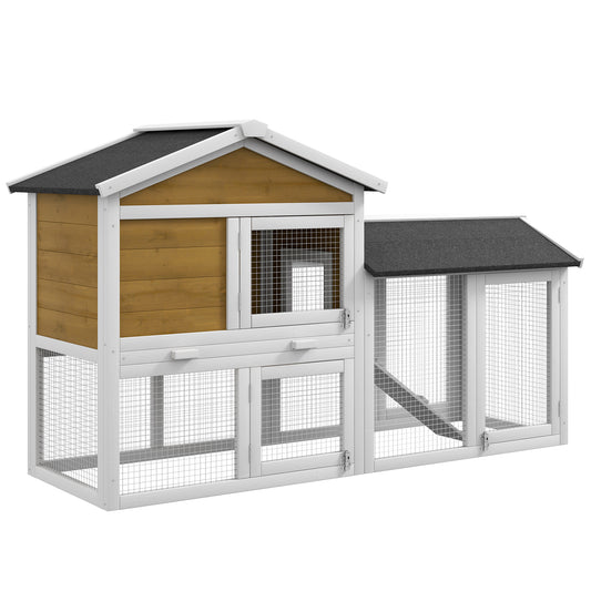 PawHut 58" Rabbit Hutch, Wooden Bunny Hutch, Guinea Pig Cage, Small Animal Enclosure with Run Area, Removable Tray, Asphalt Roof, Lockable Doors and Ramp, Nature Wood